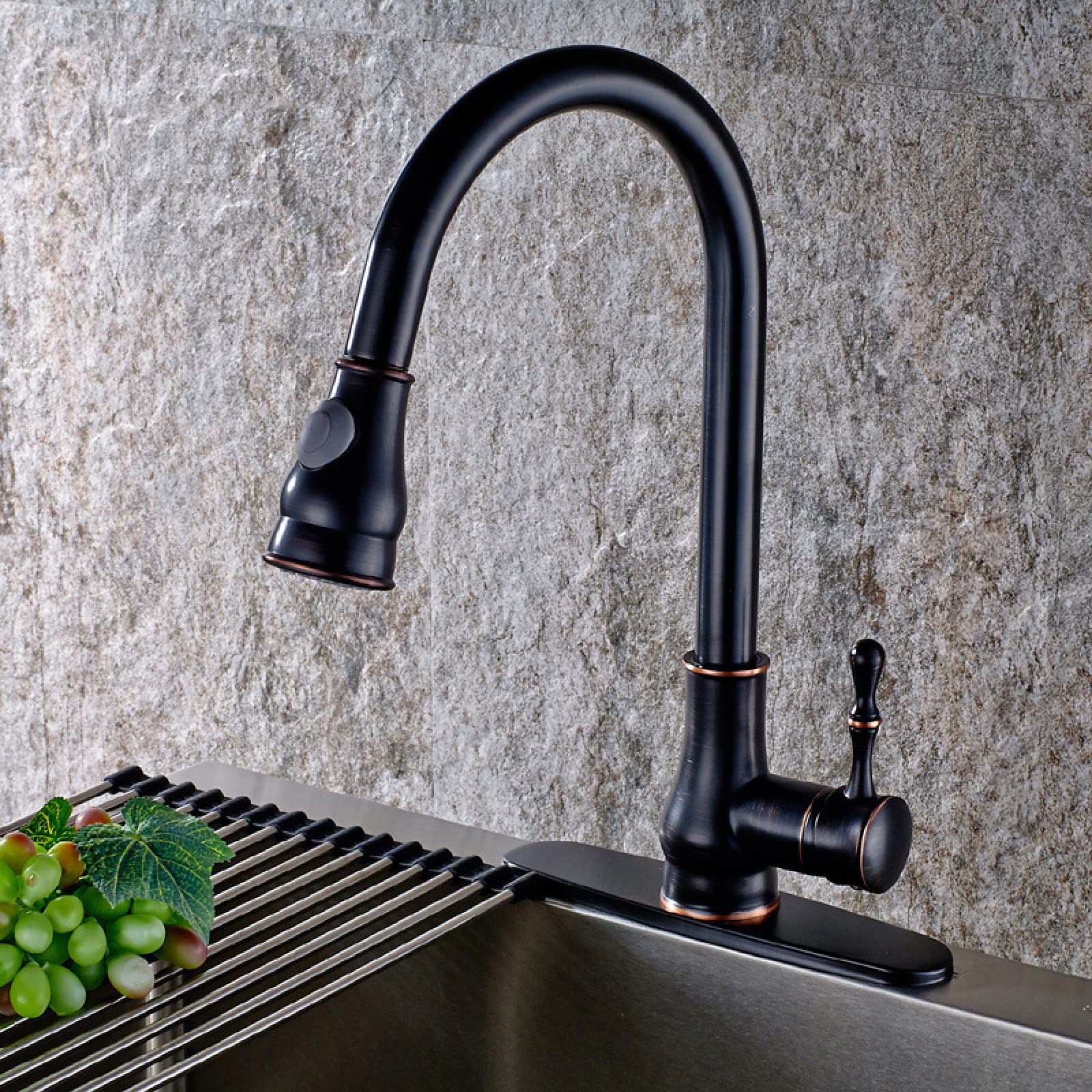 Robinet d'évier de cuisine noir avec douchette extractible et mitigeur rotatif