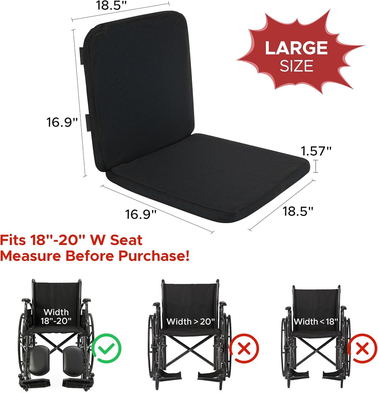 Sunlit Large Gel Seat Cushion & Back Cushion for Long Sitting with Non-Slip Cover, Gel Cushions for Wheelchair Office Chair Car Seat, Reduce Tailbone Pressure Hip Pain Relief (18.5''x16.9''x 1.57'') Large (18.5 x 16.9 x 1.57 inches)