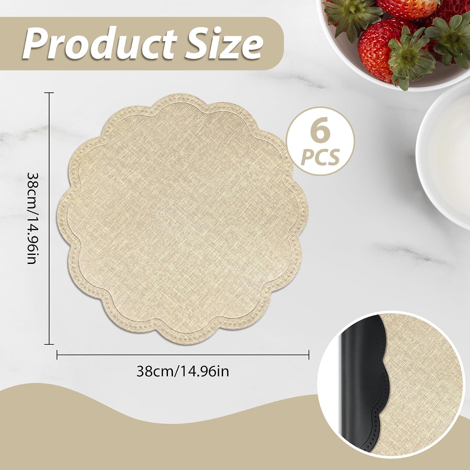 6 Pcs Scalloped Cloud Placemats 15" Beige Faux Linen Placemats Heat Resistant Double Layered Durable Burlap Place Mats for Kitchen Dining Table Decor Birthday Bridal Wedding Party Supplies (Round)