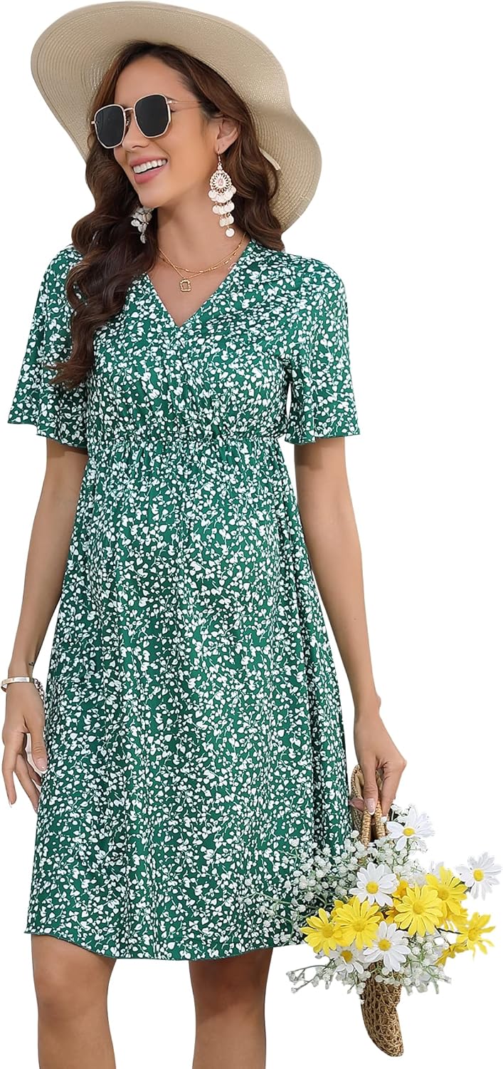 Womens Casual V Neck A Line Swing Wrap Maternity Dress Flowy Midi Maternity Dress for Baby Shower Photoshoot