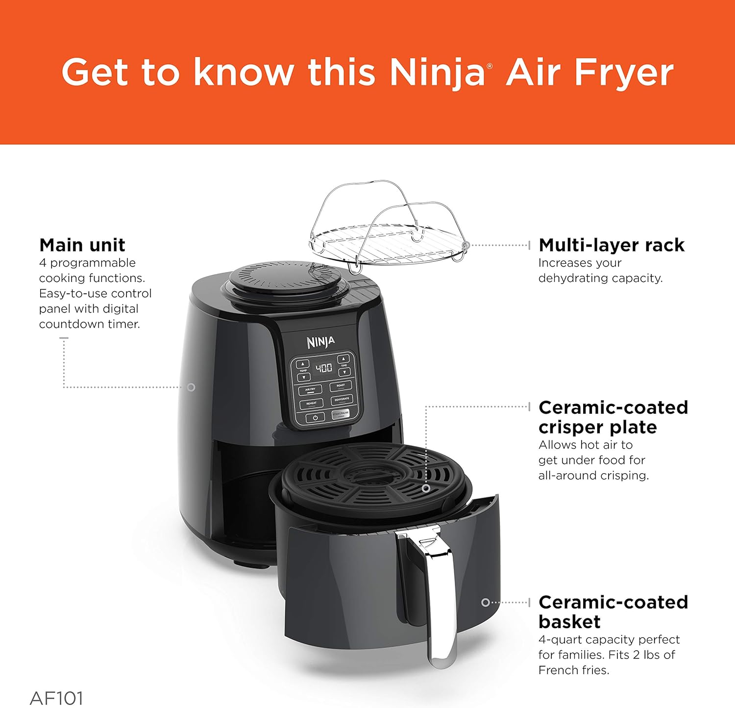 Buy Ninja AF101 Air Fryer, 4 Qt, Black/gray Online in Dominican