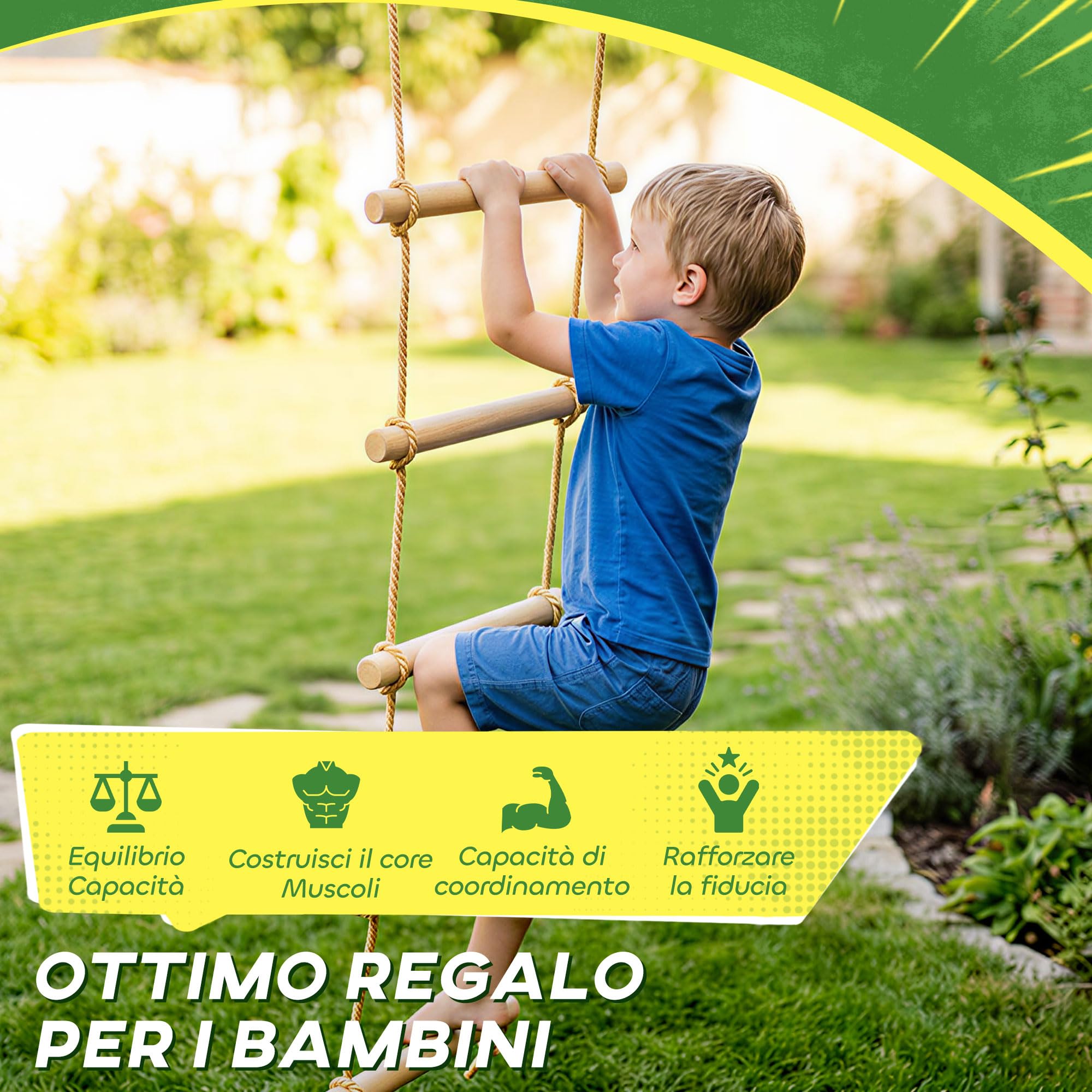 AIYAPLAY Scala di Corda 1.8m, Accessori per Altalene, Corda per Parco Giochi Esterno, Arrampicata a 5 Pioli per Bambini con 2 Moschettoni e 2 Cinghie per Alberi