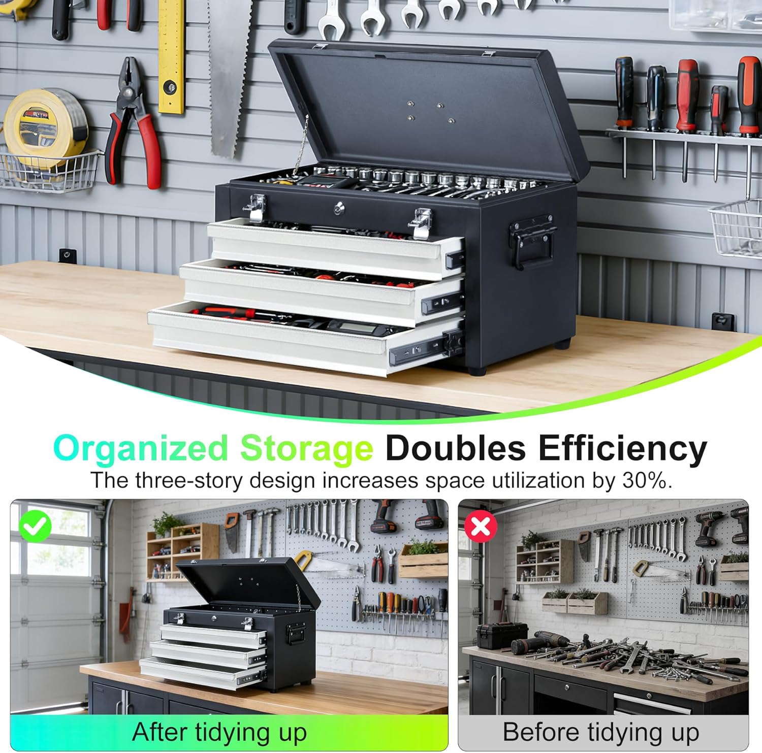 3-Drawer Metal Tool Box, Heavy Duty Tool Organizer, 3-Tier Tool Chest with Lock for Garage, Workshop and Office