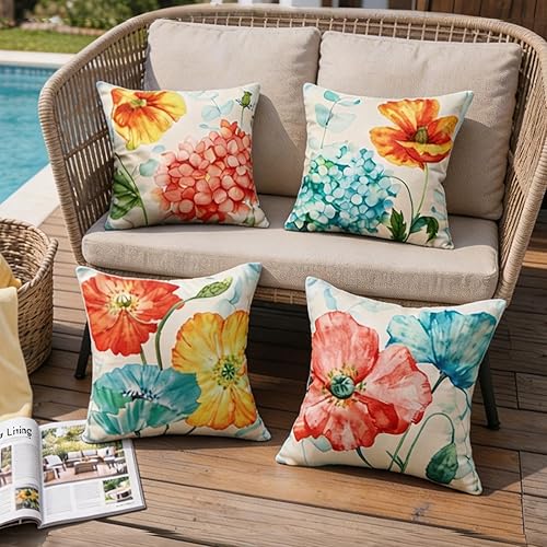 JOJOGOGO Summer Outdoor Pillow Covers 18x18 Waterproof Set of 4 Hydrangea and Lotus Floral Outdoor Throw Pillows Summer Decor for Garden Patio Furniture and Porch