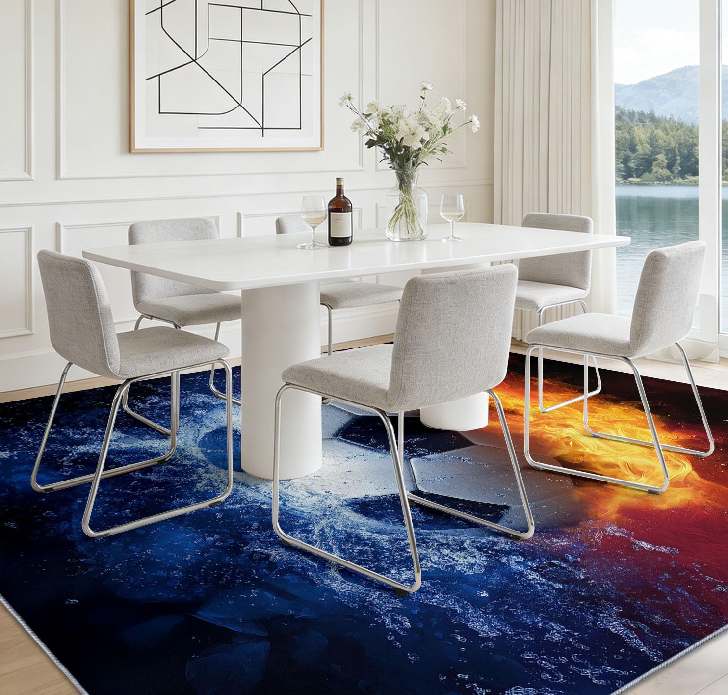 Generisch Fantasy Sport dywan z motywem płomienia do salonu, 120 x 170 cm, do pokoju zabaw, pokoju dziecięcego, na siłownię, do kuchni, antypoślizgowy, ciemnoniebieski, miękki, z krótkim włosiem