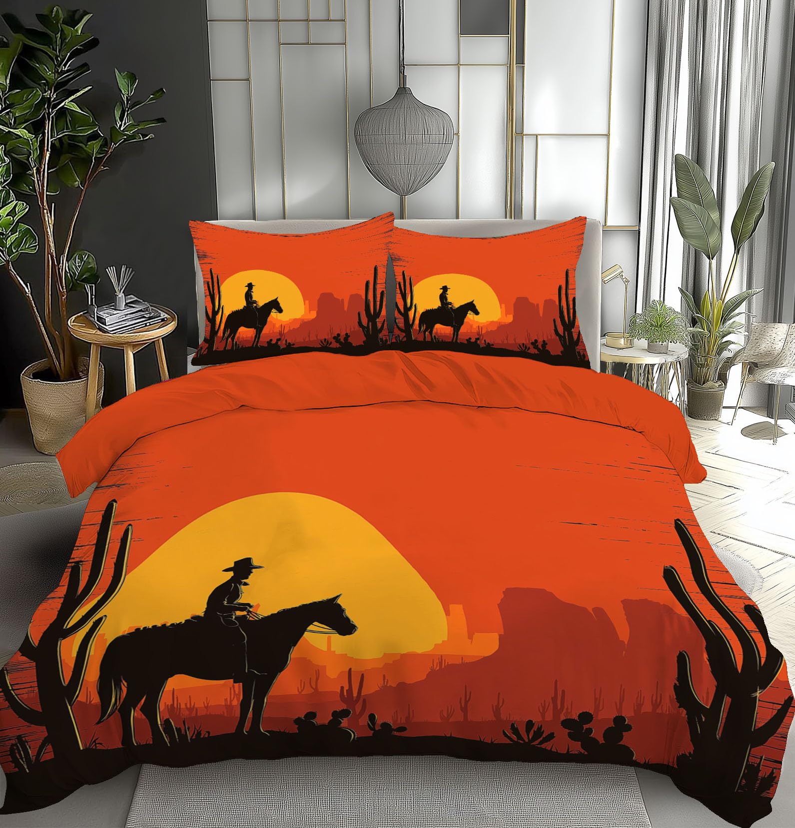 Housse de couette western orange 240x260 cm avec taies d'oreiller