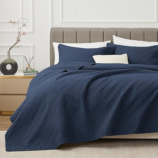 EXQ Home Quilt Set Twin Size Navy 2 Piece,Lightweight Soft Coverlet Modern Style Squares Pattern Bedspread Set for All Season(1 Quilt,1 Pillow Shams)