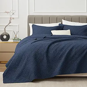 EXQ Home Quilt Set Twin Size Navy 2 Piece,Lightweight Soft Coverlet Modern Style Squares Pattern Bedspread Set for All Season(1 Quilt,1 Pillow Shams)