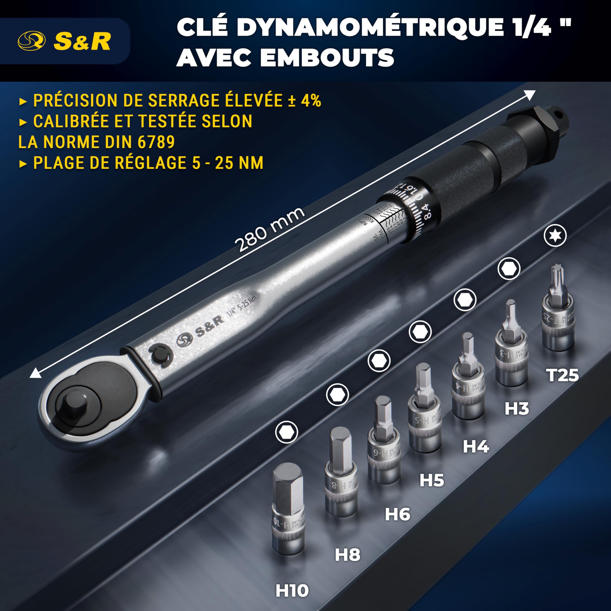 S&R Clé Dynamométrique 1/4 Vélo Moto (5-25Nm) 27.2 cm. Coffret Clé avec 7 Douilles Allen Torx : H10, H8, H6, H5, H4, H3, T25 en Acier C-V. Set Professionnel et Complet