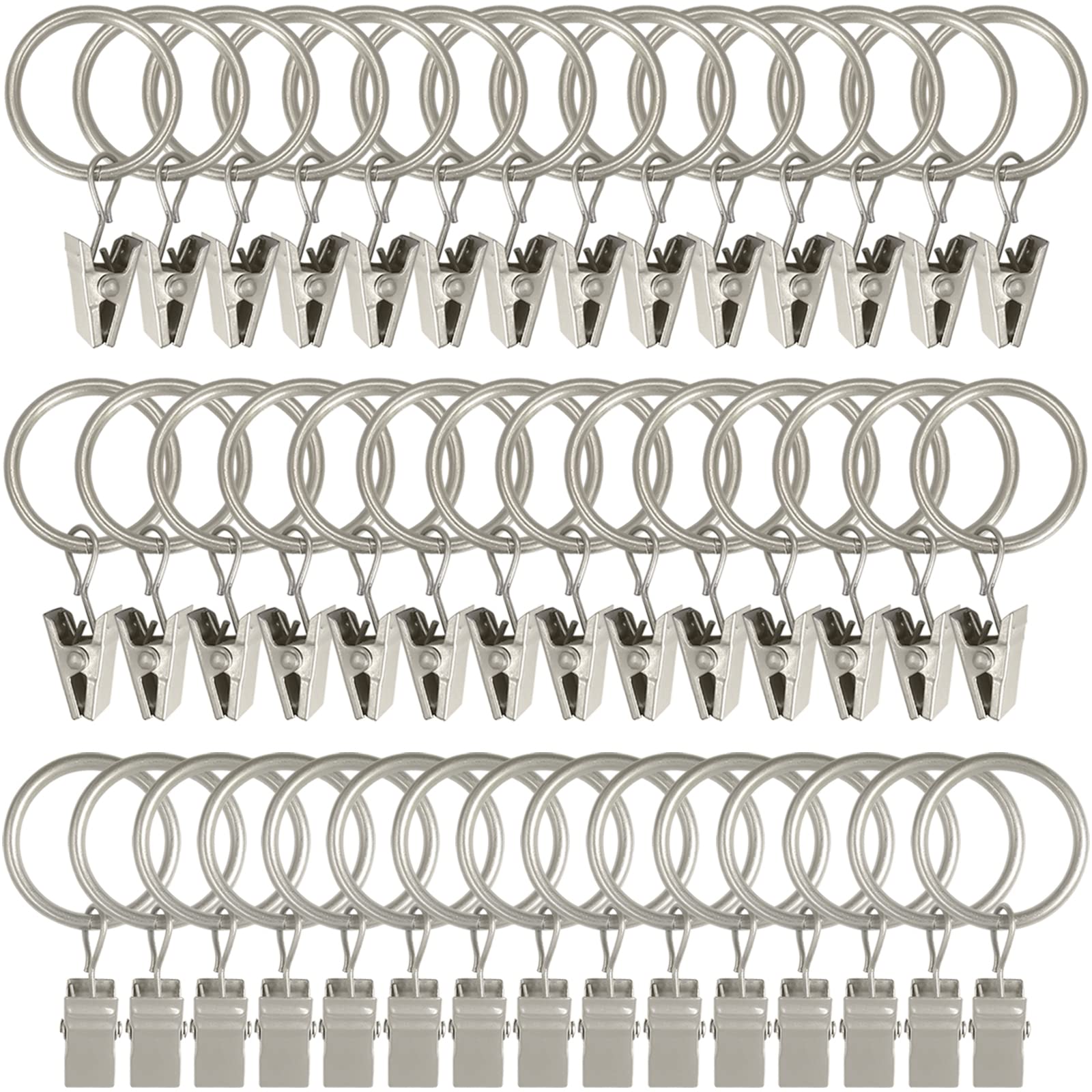WeeksEight 44 Pack Matte Silver Curtain Rings with Clips, Curtain Hooks Hangers Clip Rings for Hanging Drapes Bows Hat, Drapery Rings 1 in I D, Fits up to 5/8 in Diameter Curtain Rod.