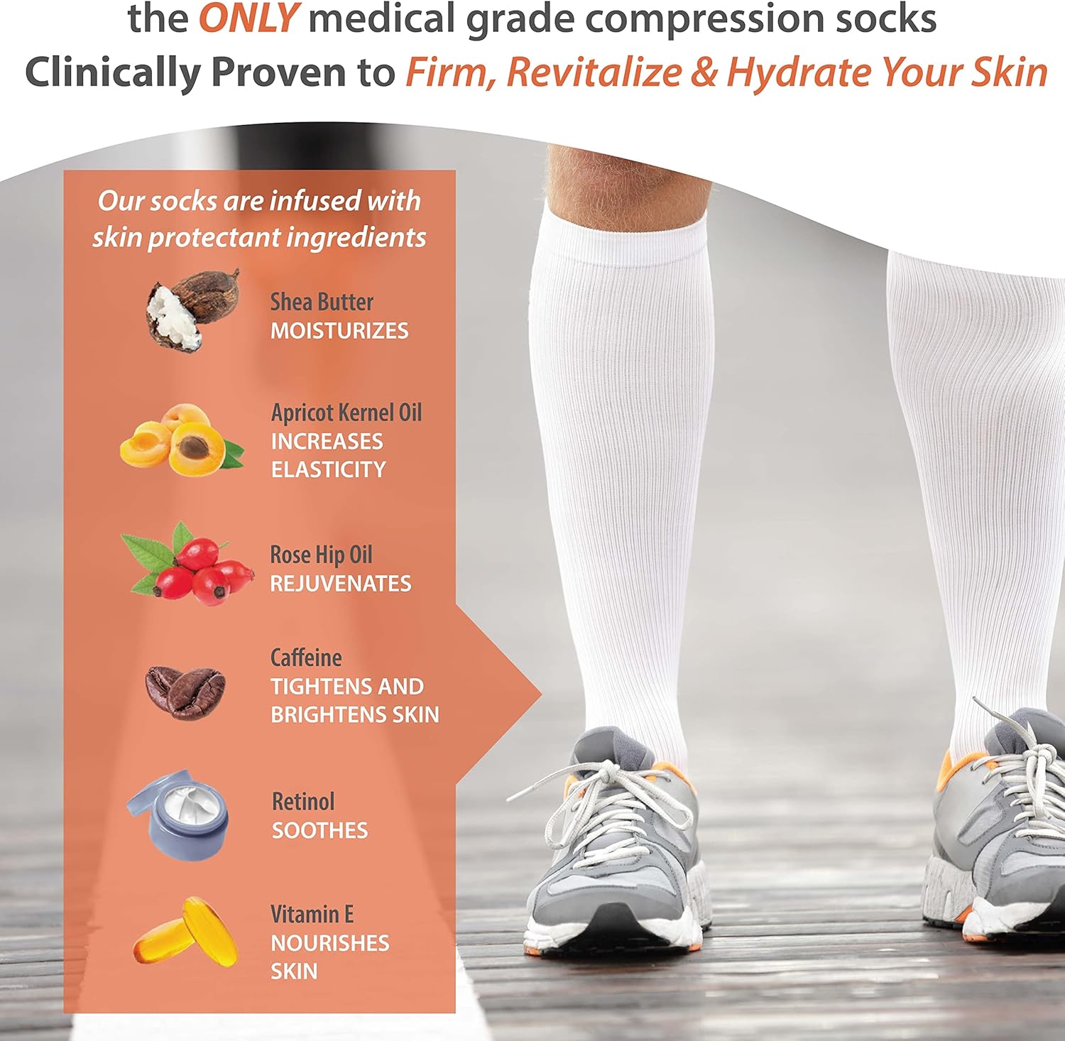 Skineez Medical Grade Compression Socks 20-30mmHg and Replenishing Spray, Firm, Moisuturize, and Revitalize Skin, Relieve Foot, Arch, Heel, Calf, and Ankle Pain, Tan, S/M, 1 Pair, 1 Spray