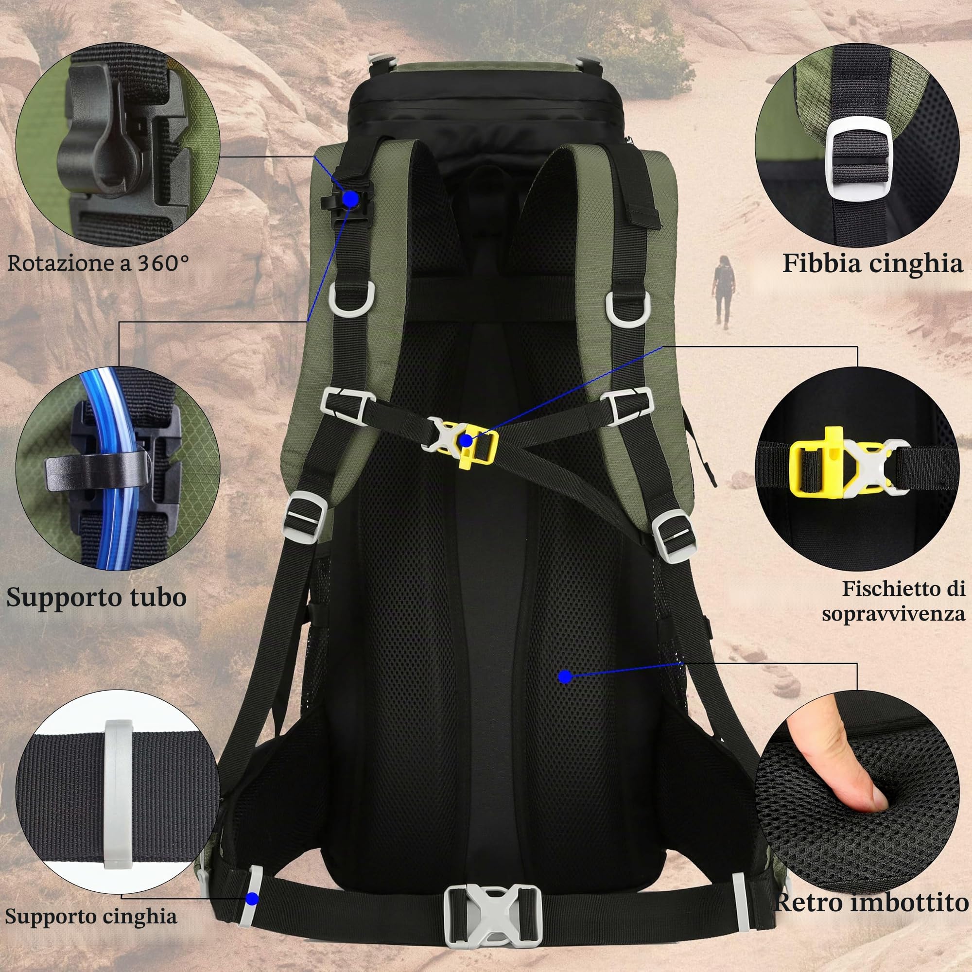 Zaino da viaggio da 60 l, per escursionismo, campeggio, con copertura antipioggia, impermeabile, zaino da arrampicata per uomo e donna