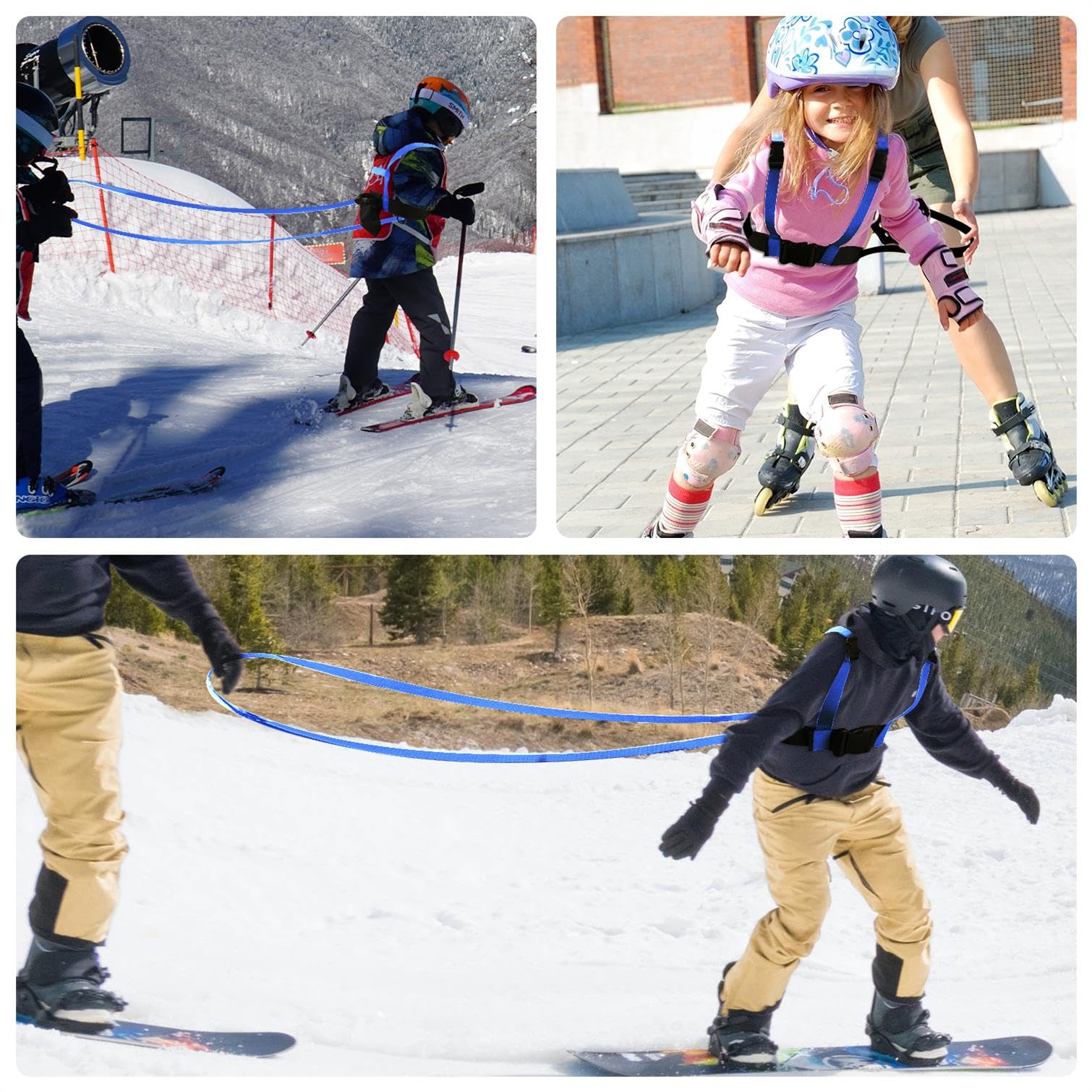 Uprzaz Narciarska i Snowboardowa, Ski Harness ze Zdejmowana Smycza i Torba, Nauczanie Kontroli Predkosci Ski Strap Akcesoria Narciarskie dla Dzieci Poczatkujacych (Niebieski)