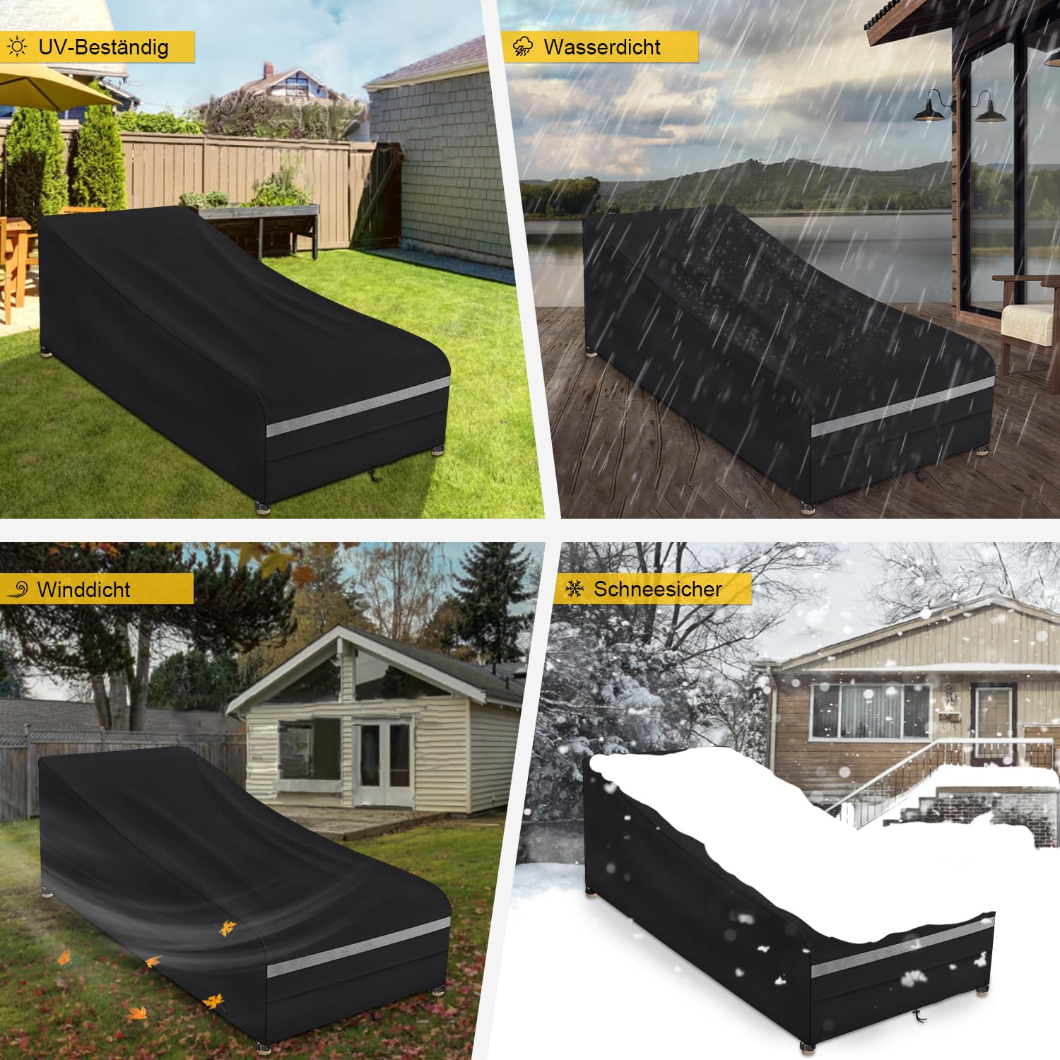 Dokon Gartenliege Abdeckung Wasserdicht Sonnenliege Schutzhülle mit Belüftungsöffnung, Winddicht Anti-UV Robustes 420D Oxford-Gewebe Abdeckplane für Liegestuhl Deckchair, 200x75x40/70cm - Schwarz