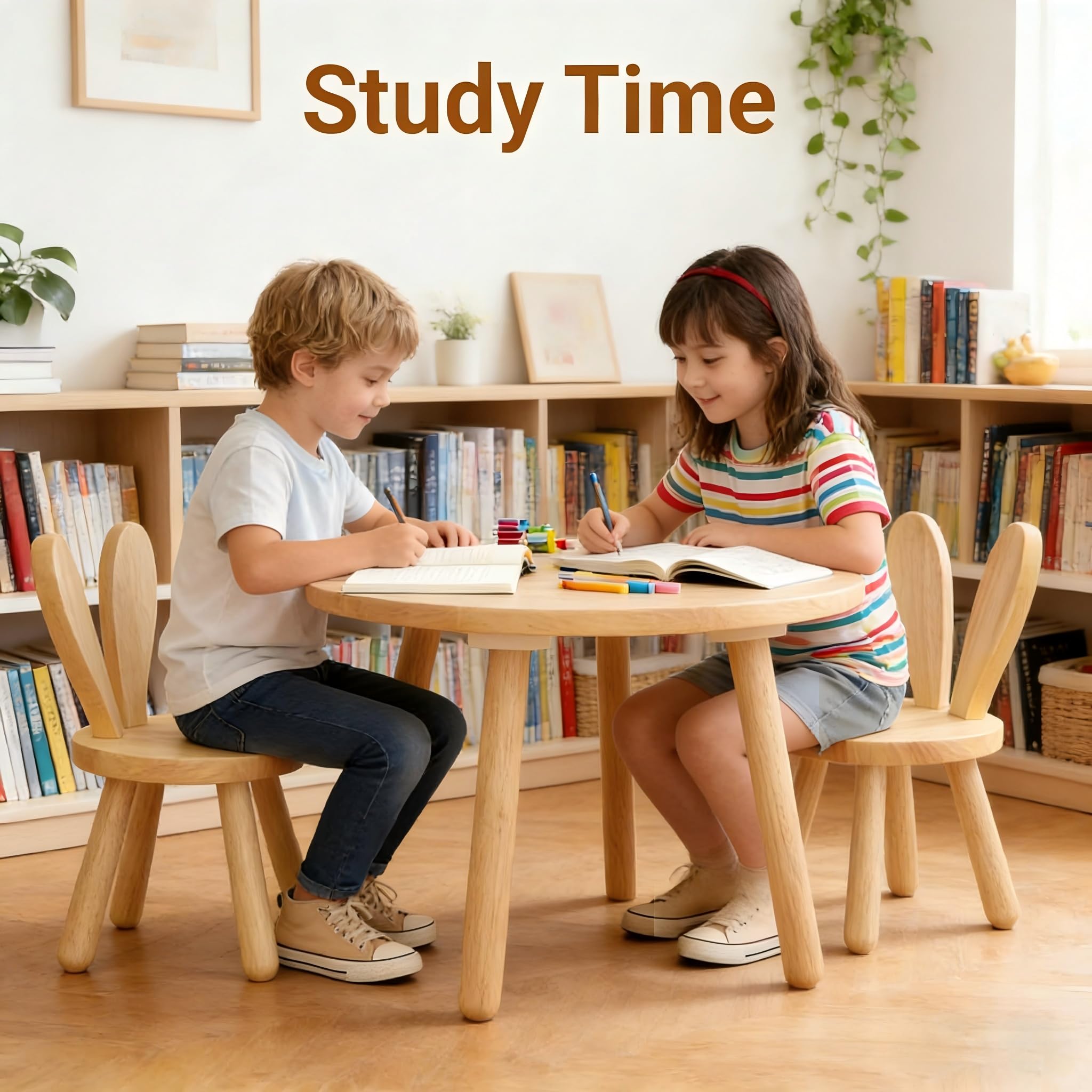 Kinderstuhl Holz ab 1 Jahr, Kleiner Stuhl mit Hasenohren-Rückenlehne, rutschfeste Gummifüße & 70kg Belastbarkeit, Kinderhocker Holz für Kindertische (45cm) – Geschenke für Kinder
