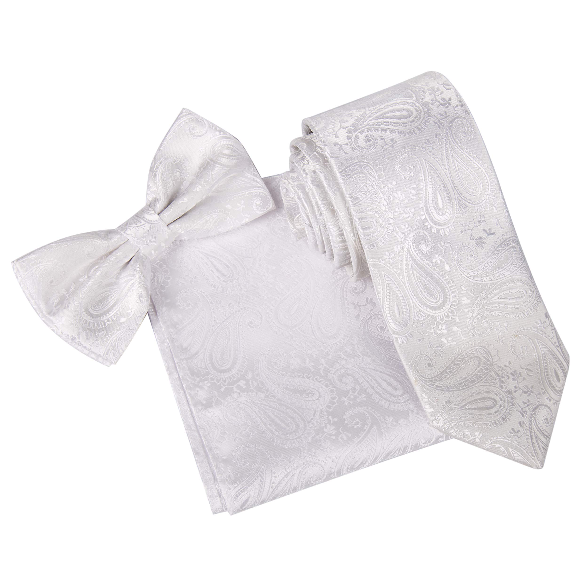 Paisley Suit Accessory Set: Tie, Bow Tie & Pocket Square Handkerchief (Snow White)