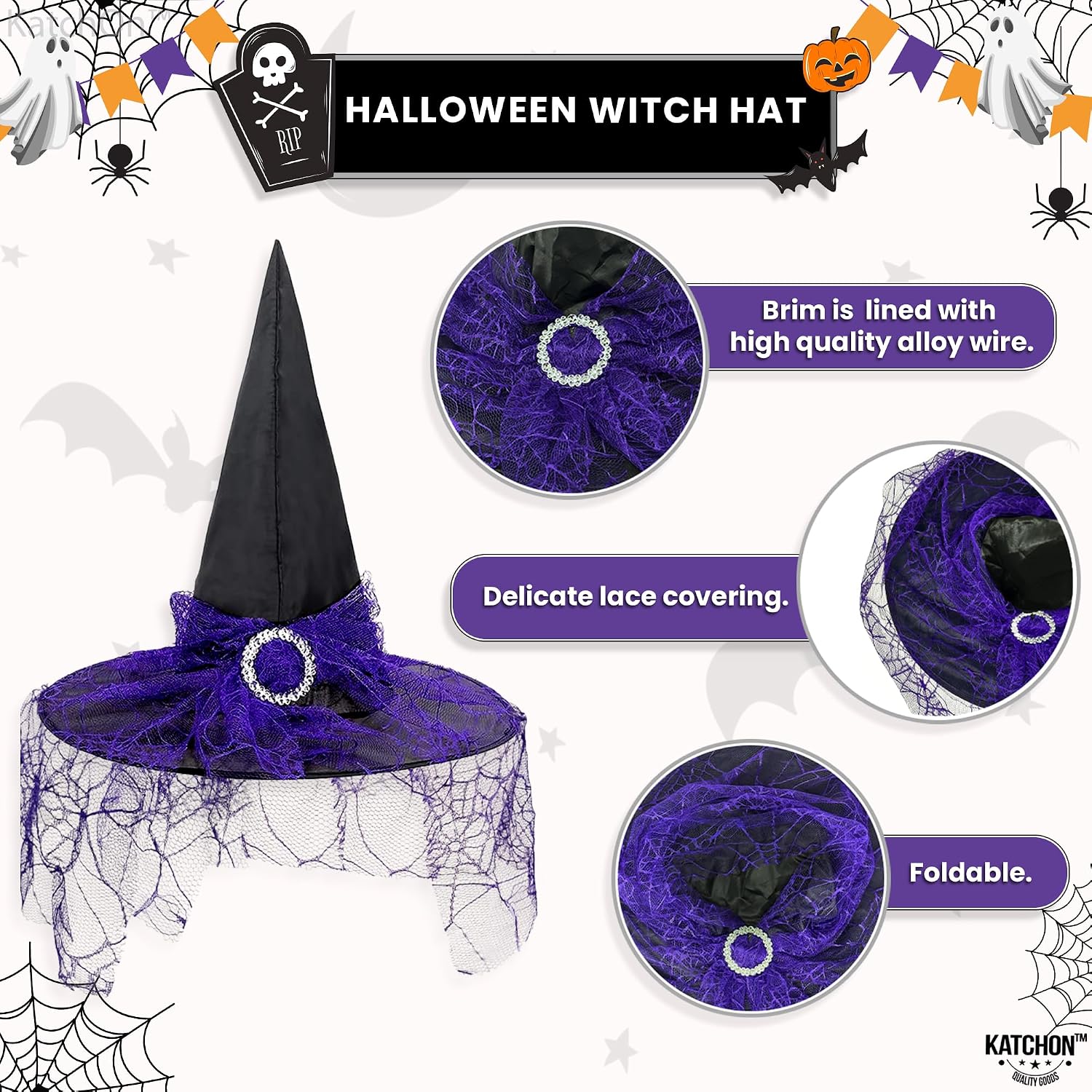 KatchOn, Halloween Purple Witch Hat And Broom - Large Witch Hat Women | Witch Broomstick Adult | Witch Accessories for Women | Witch Broomstick | Adult Witch Broom Purple for Womens Witch Costume