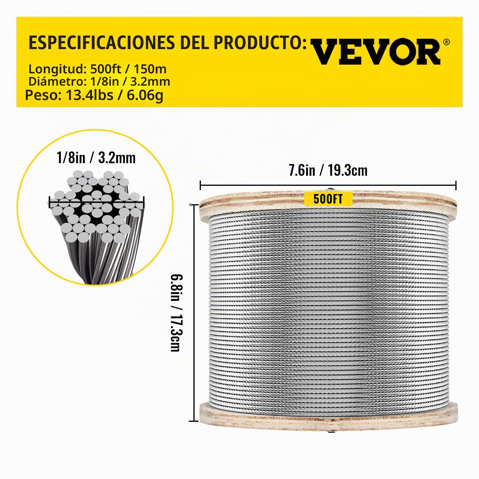 VEVOR Cable de Alambre Acero Inoxidable 150m-300m, Cuerda de Alambre de Acero T316, Cable de Acero de 1/8, Resistente a la Corrosión y Rotura para Maquinaria y Medicinas (150m/7x7)