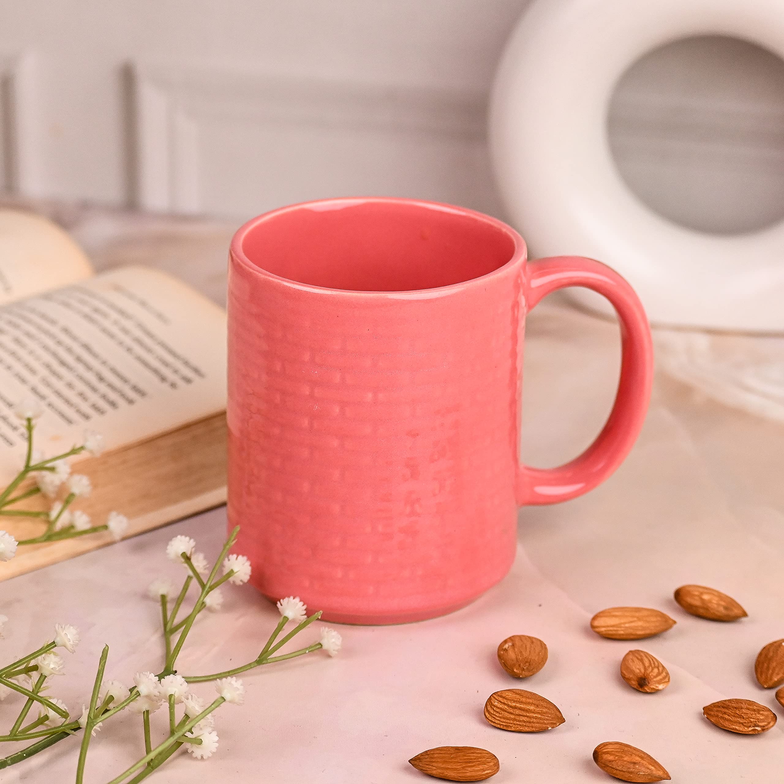 Bendis Series Ceramic Coffee Mug Set of 1 (400ml) Handcrafted Design Tea Cups Stackable, Chip Resistant, Large Serving Green Tea Cups, Brick (Color May Vary)