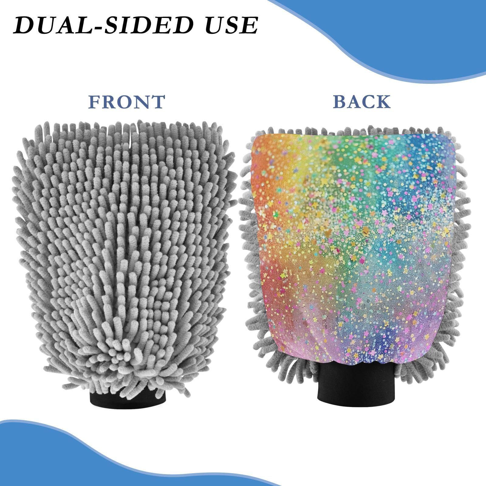 GakkiGii Rainbow Sequins 2 Pack Microfiber Car Wash Mitts, Dual-Sided Chenille Gloves, Scratch-Free for Auto Detailing & Home Cleaning, M