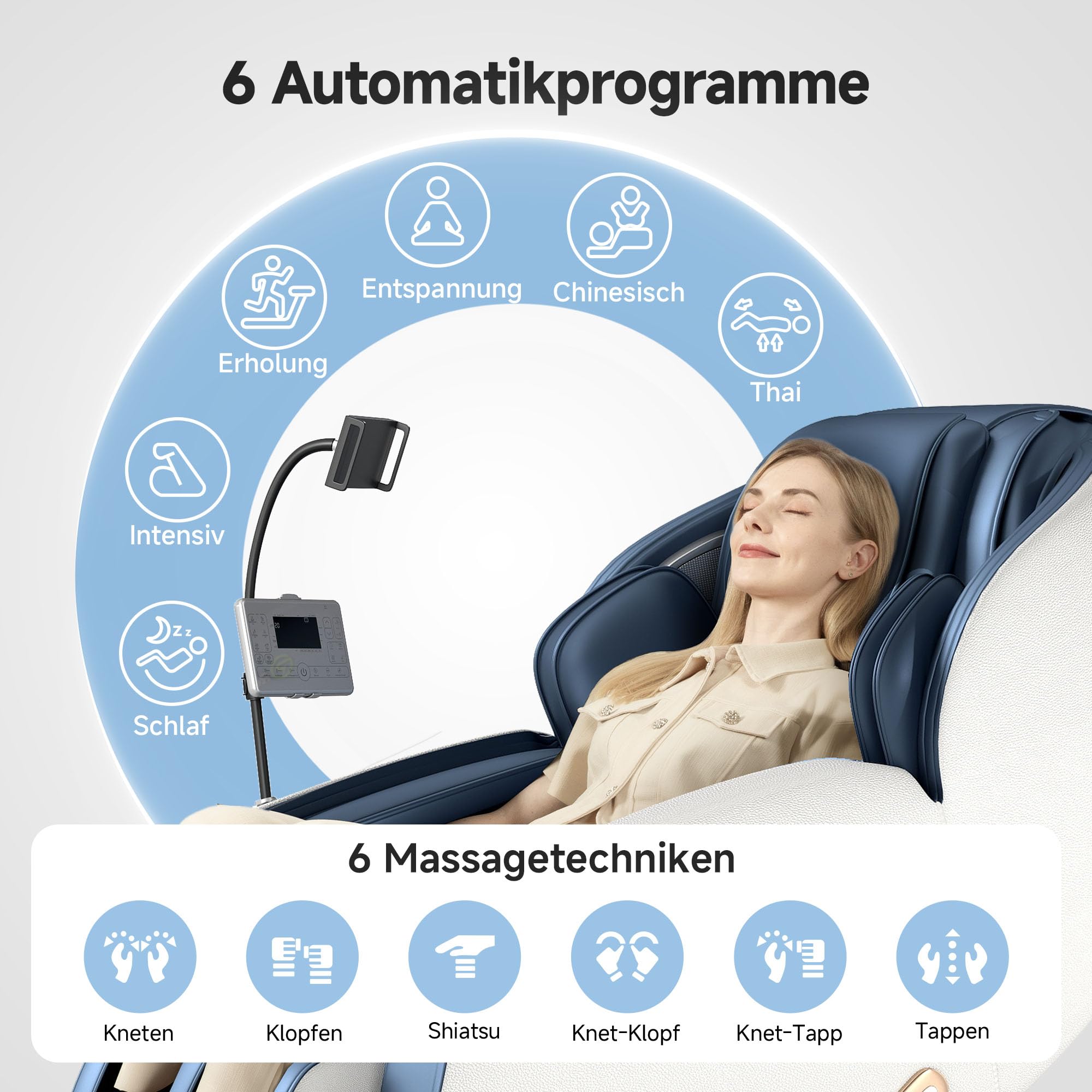 Real Relax 2026 Massagesessel Ganzkörper, Zero Gravity SL-Track Shiatsu-Massage-Liegesessel mit Telefon-Controller und Halterung, Kindersicherung, Pause-Taste und LED-Beleuchtung, Favor-06, Blau-Weiß