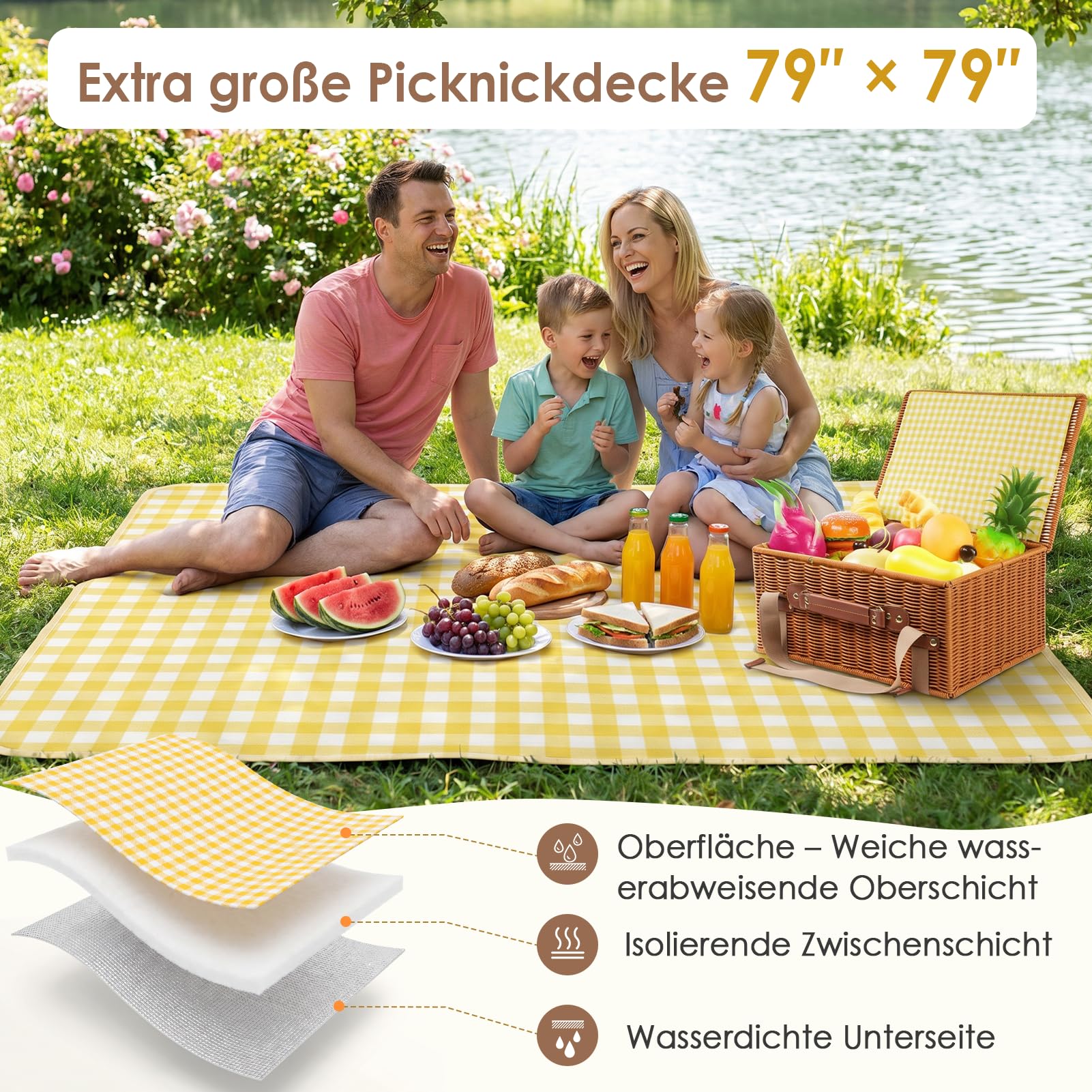 DEWEL Picknickkorb Set mit Picknickdecke 200 × 200 cm, separater Kühltasche, Bestecktasche und 2 Kartenspielen, großer Picknickkorb für Familie, Camping, Strand und Ausflüge, Gelb