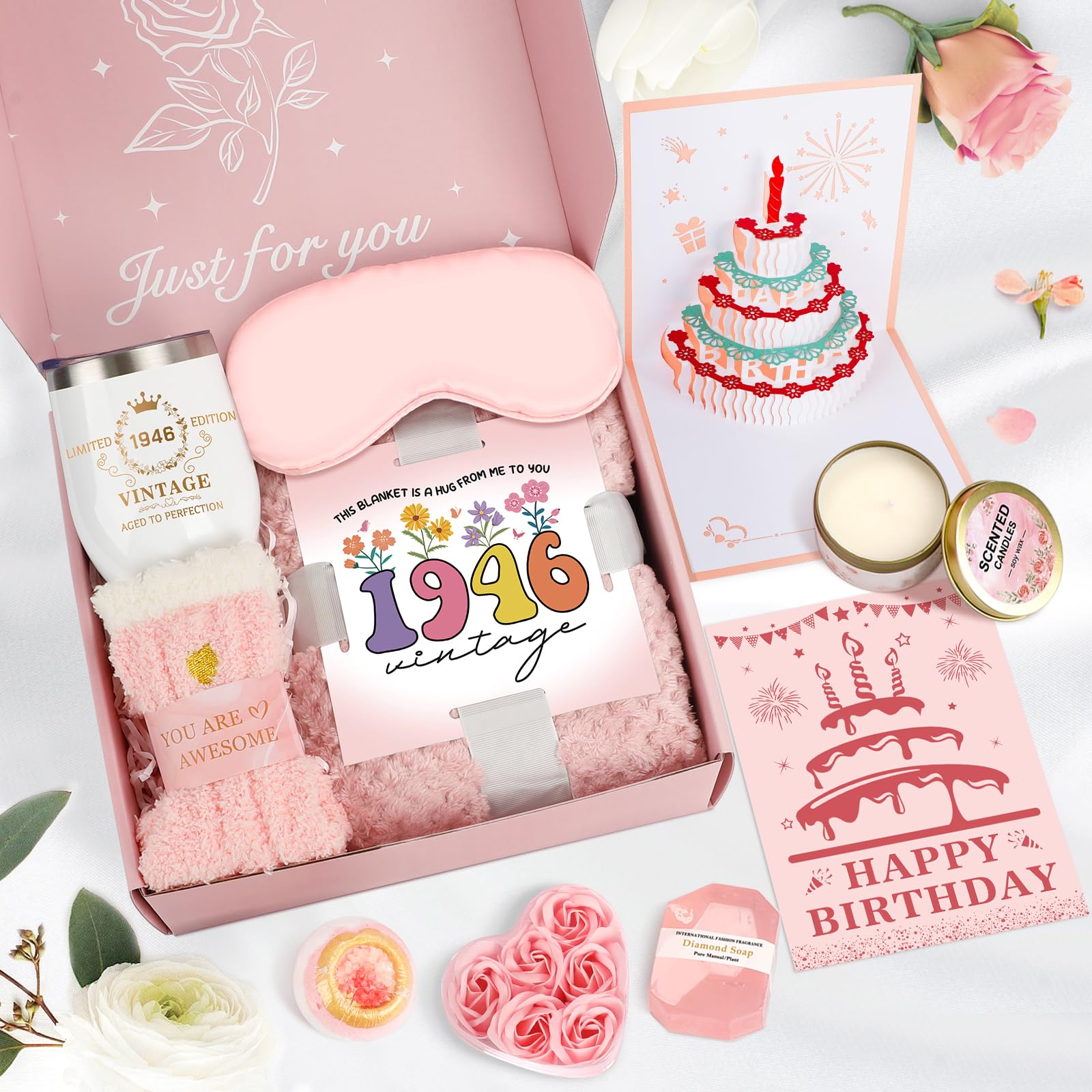 Verwöhn-Geschenke zum 80. Geburtstag für Frauen, Pflegepaket Gute Besserung, Geschenke für 80 Jahre alte Frau, 1946 Geburtstagsbox, entspannendes Spa-Set mit Becher, Decke, Poster für sie, Mutter