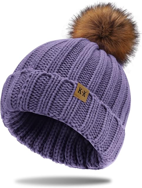 LADES Bobble Hat for Kids - 1/2 Winter Fleece Line Beanie Hats with Faux Fur Bobble Pom Pom Hats for Girls, Boys