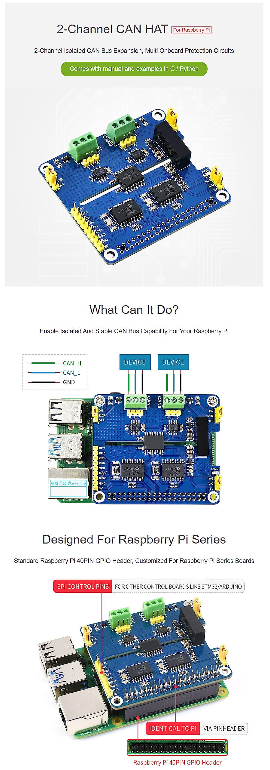 Carte d'extension 2 canaux CAN HAT isolée CAN Bus pour Raspberry Pi/STM32/Arduino avec MCP2515 + SN65HVD230 Dual Chip Solution