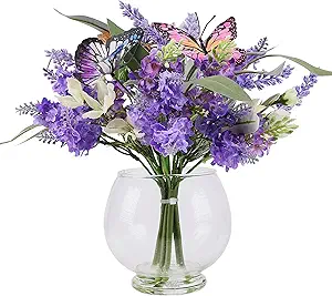 Jusdreen Artificial Lavender Bouquet with Vase, Purple Artificial Flowers for Table Centerpiece, Faux Purple Flowers Decoration for Home Party Wedding
