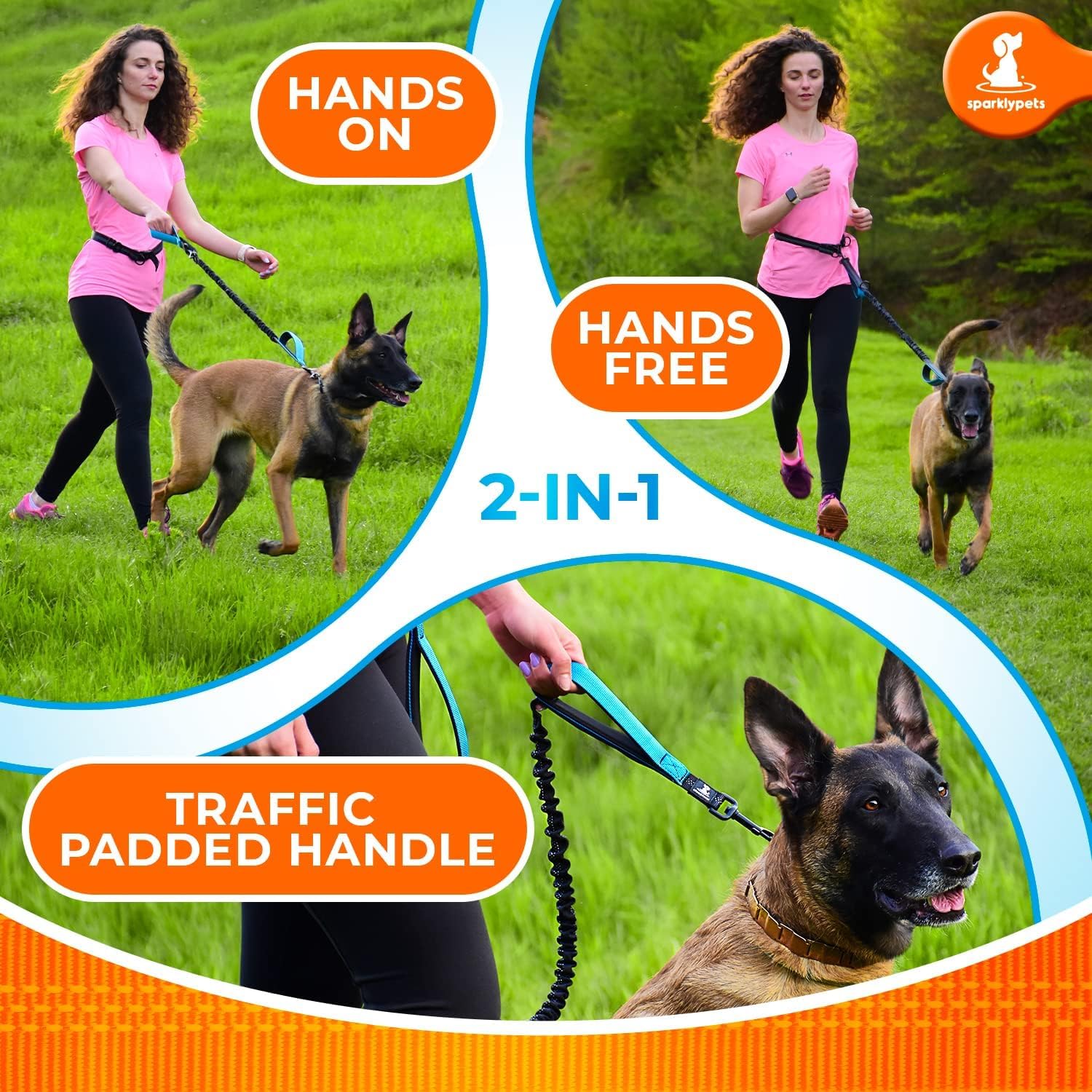 SparklyPets - Laisse Mains Libre pour Chien de Moyenne à Grande Taille - Anti-Traction, Coutures Réfléchissantes - Accessoire Chien pour Jogging, Marche à Pied, Randonnée, Carnicross