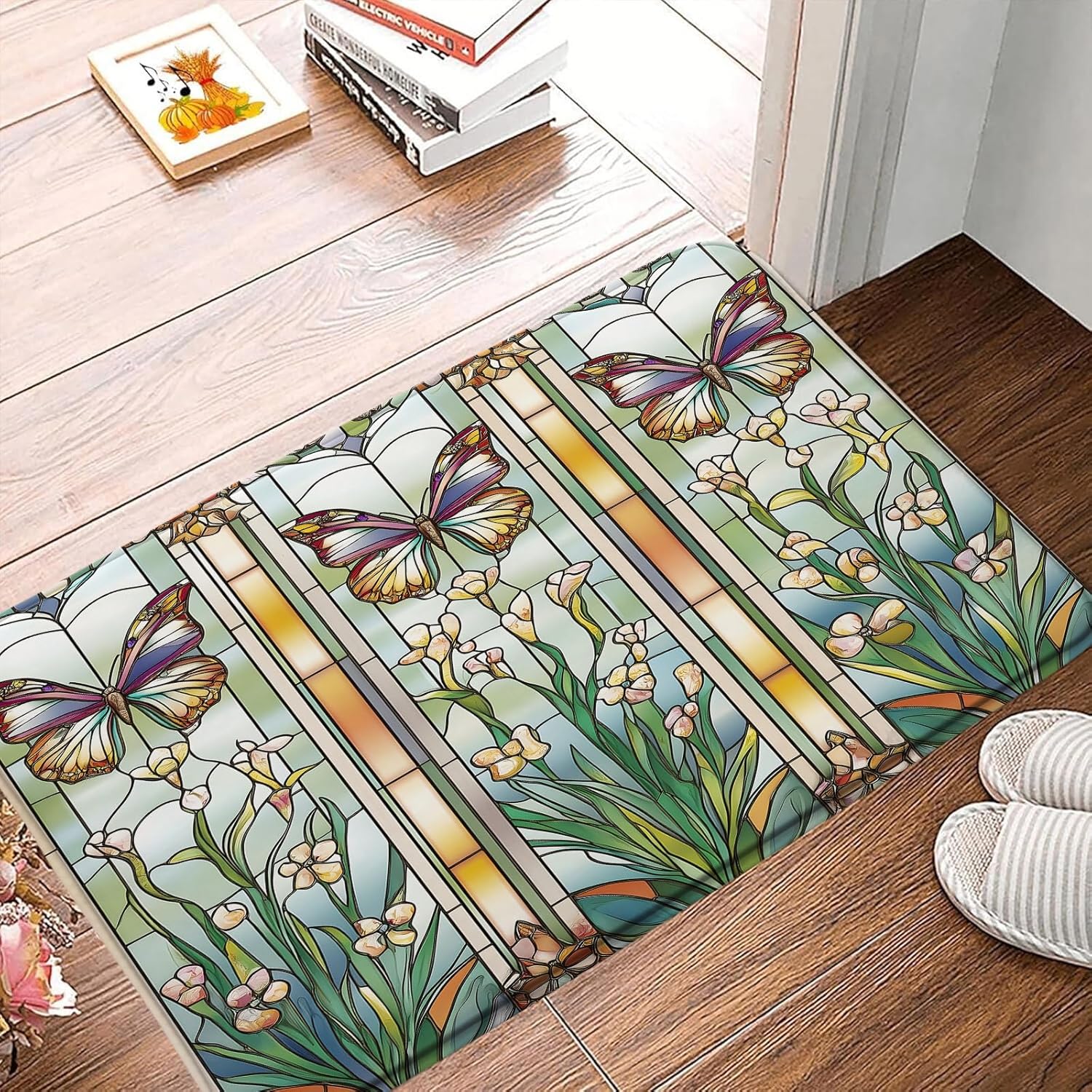 Flower Butterfly Bath Mat Stained Glass Green Leaves Floral Butterfly Glaze Glass Screen Window Modern Memory Foam Home Office Door Bathroom Decor Mat,24"x60"