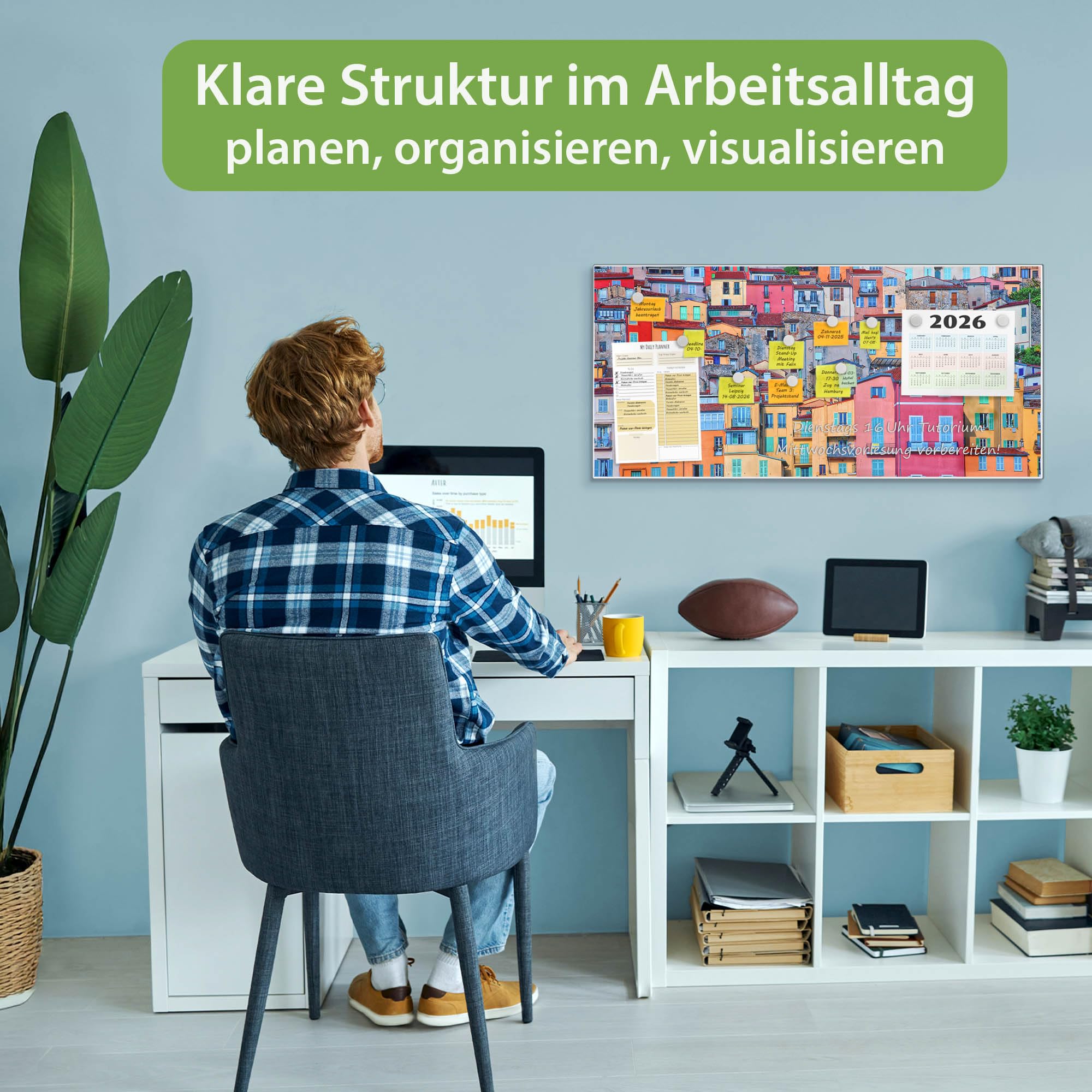 banjado Magnettafel Metall 78 x 37cm - beschreibbare Magnettafel - Metall Pinnwand als Memoboard - Magnetwand Küche, Büro, Kinderzimmer Weiß inkl. 4 Magnete & Montageset - Motiv Häuserberg