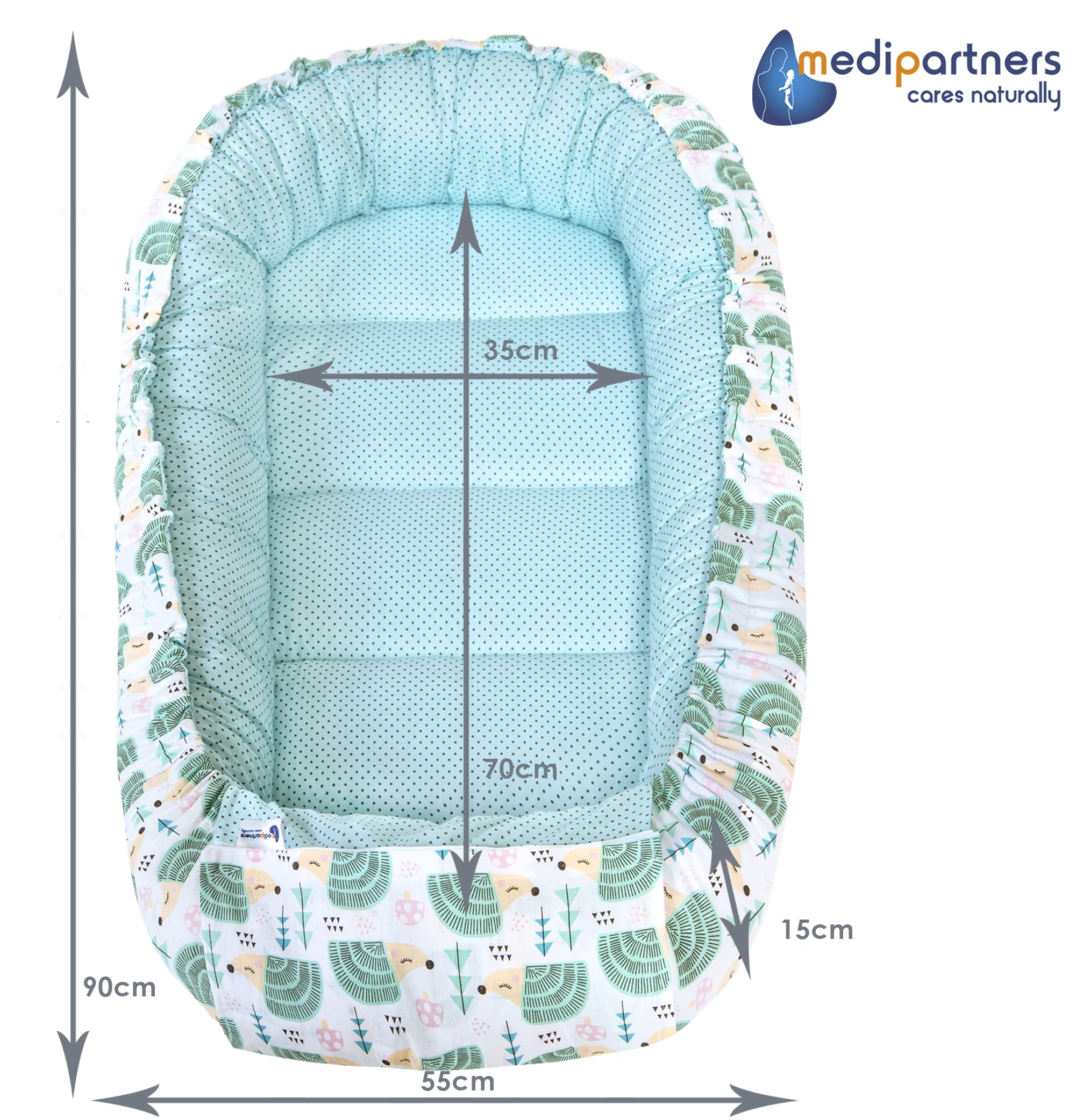 Medi Partners 5-Parti Nido per Bebè 100x60x15 Inserto Rimovibile Letto Cuscino Coperta bambini neonati 100% Cotone (Ricci con Menta Minky)