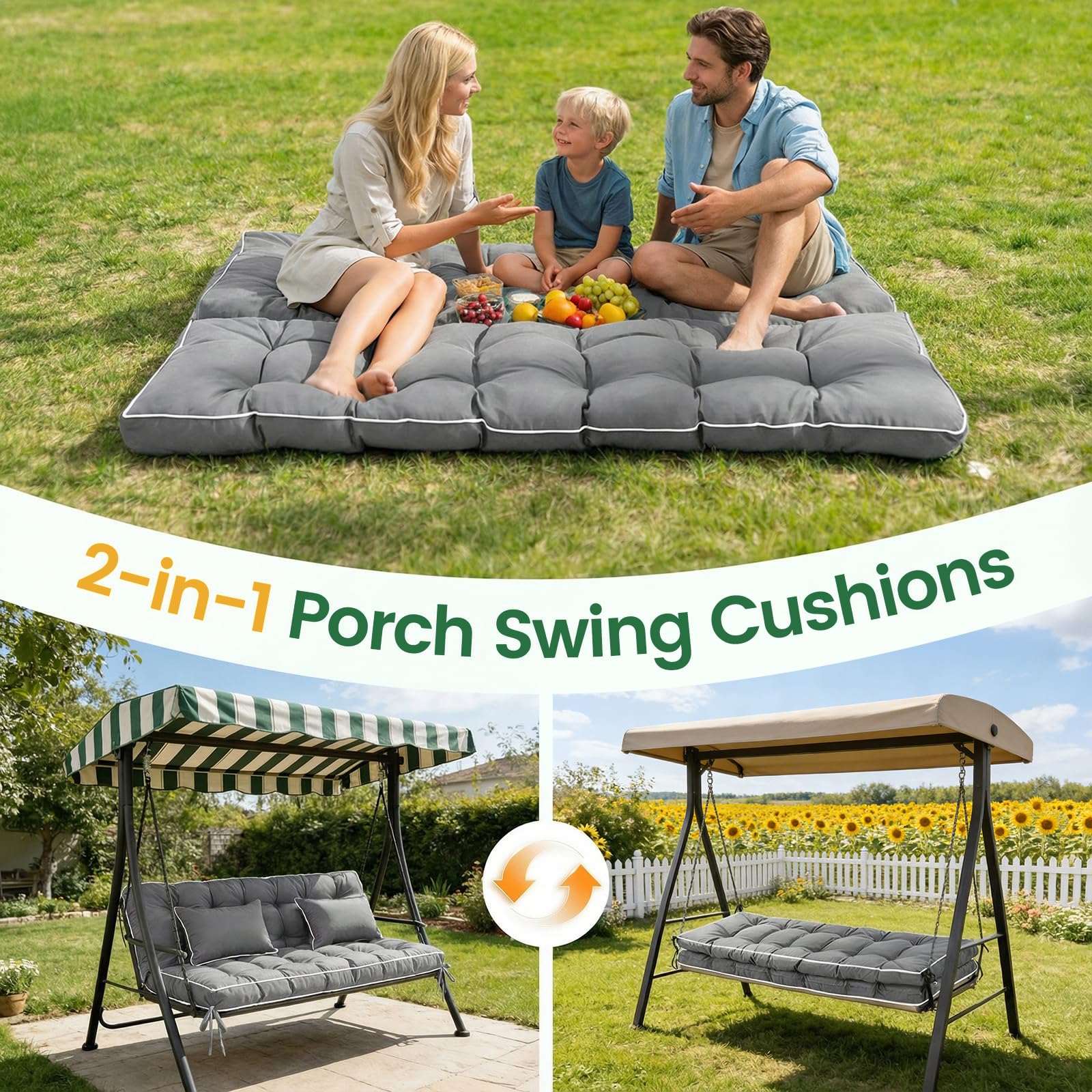 Bankauflage für Innen und Außen, 2-in-1 faltbares Design mit Kissen 111 x 160 x 14 cm, wasserabweisender sitzkissen, rutschfeste Gartenbankauflage mit Bändern für Hollywoodschaukel, Fensterbank (grau)