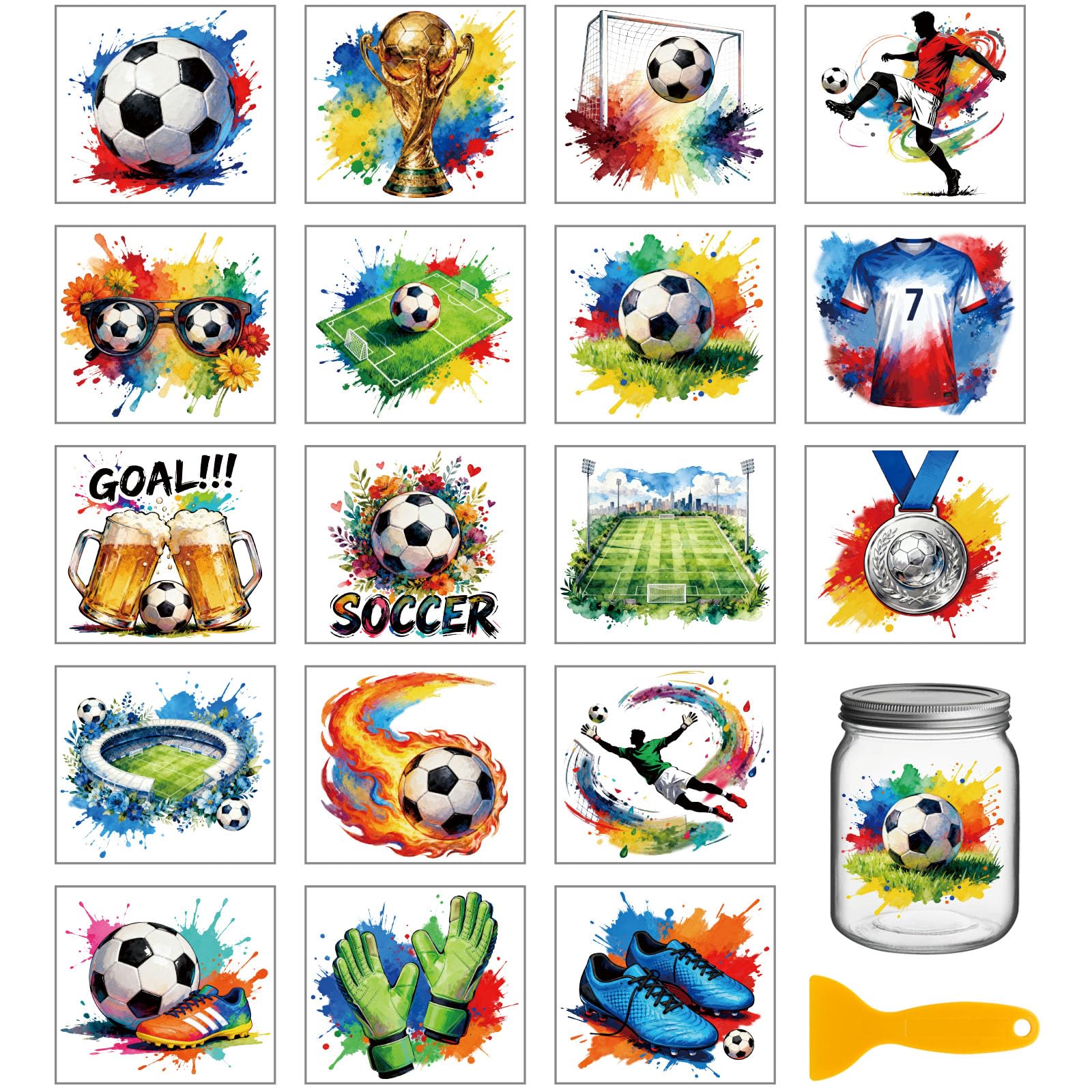 GLOBLELAND 18 Sheets Soccer Transfer Sticker for Cup Crafts 3.9x3.6 inch Sports Season Decal Stickers Colorful Football Rub on Transfer for Spring Bottle Vase Glass Furniture Decor