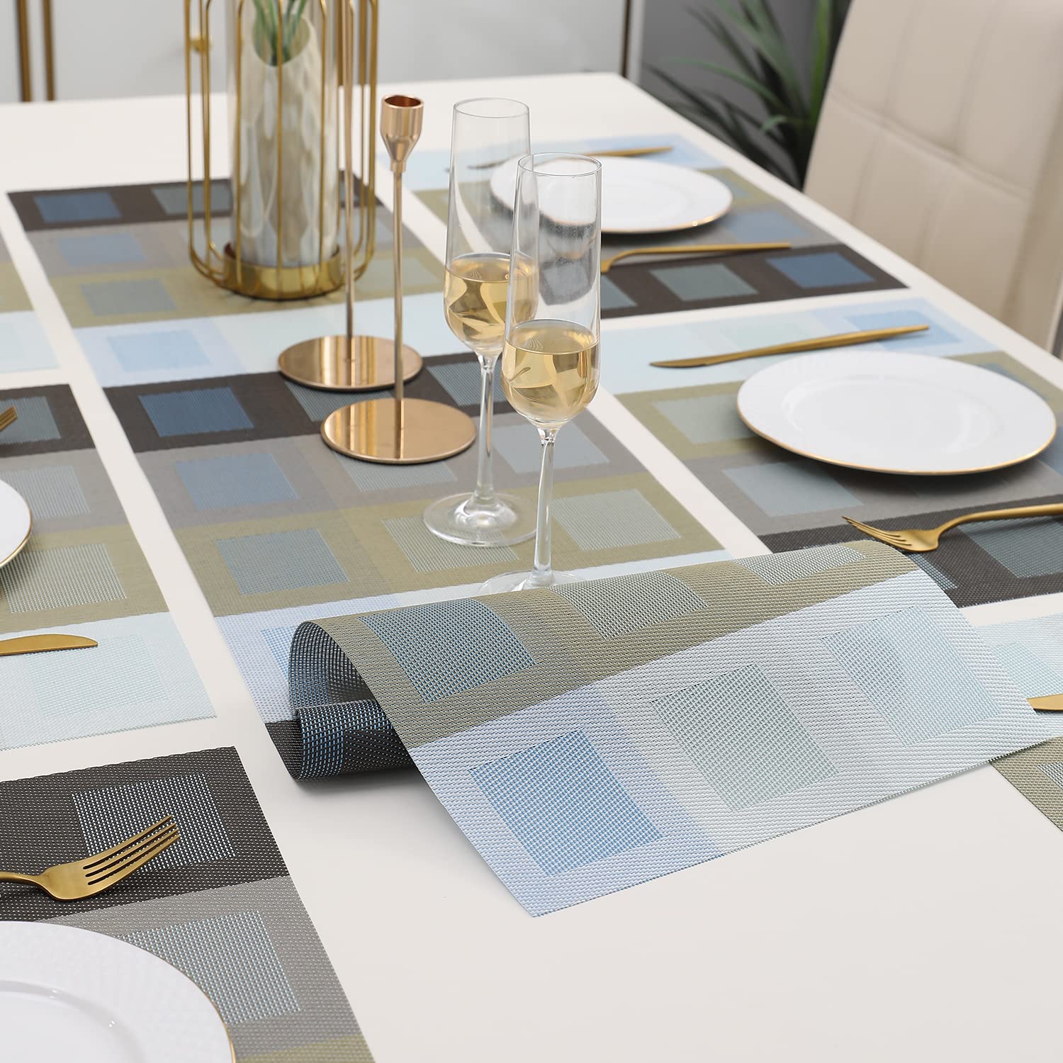 HOKIPO PVC 6 Placemats with Runner for Dining Table (AR2783), Assorted
