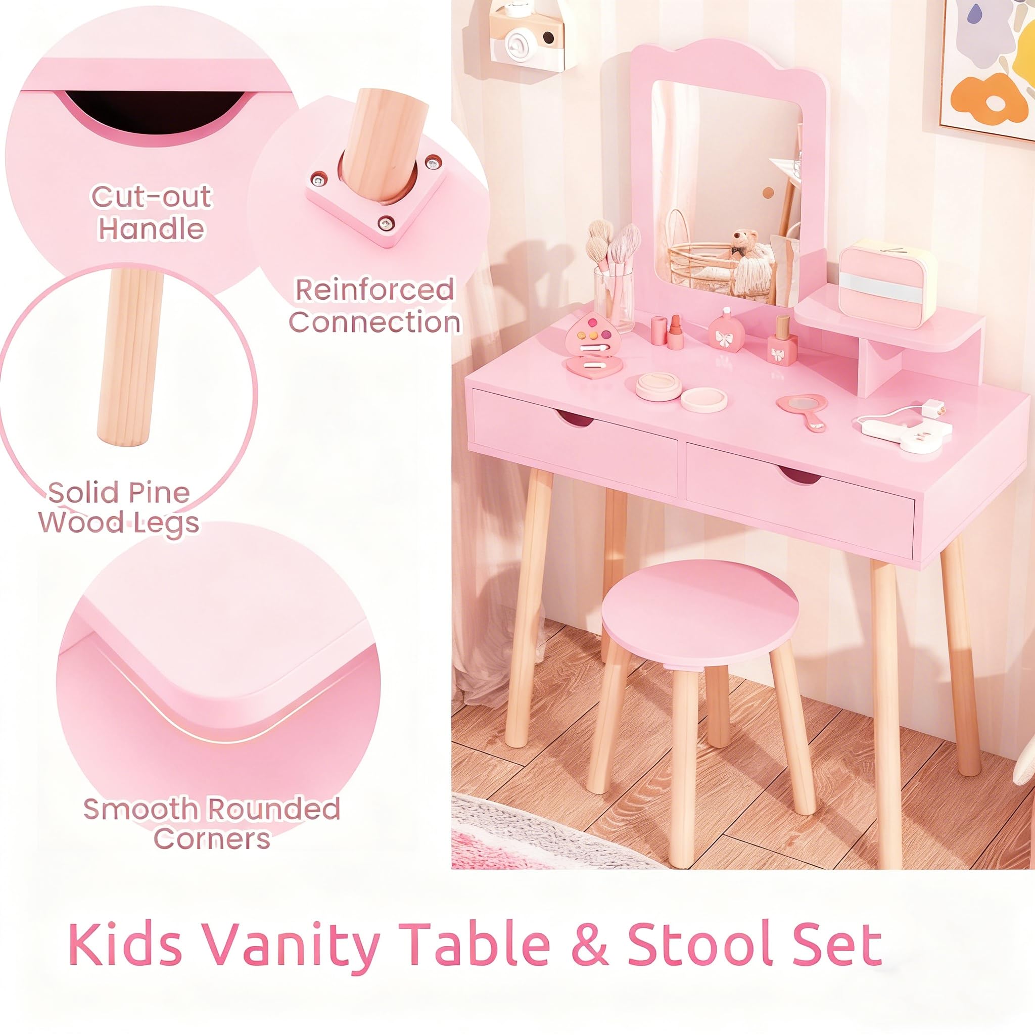LIFEZEAL Coiffeuse Enfant 2 en 1 avec Miroir Amovible et Tabouret, Table de Maquillage Bois avec 2 Tiroirs et Étagère, Chambre d’Enfant, Fille 3-7 Ans, Charge 40kg/20kg (Rose)