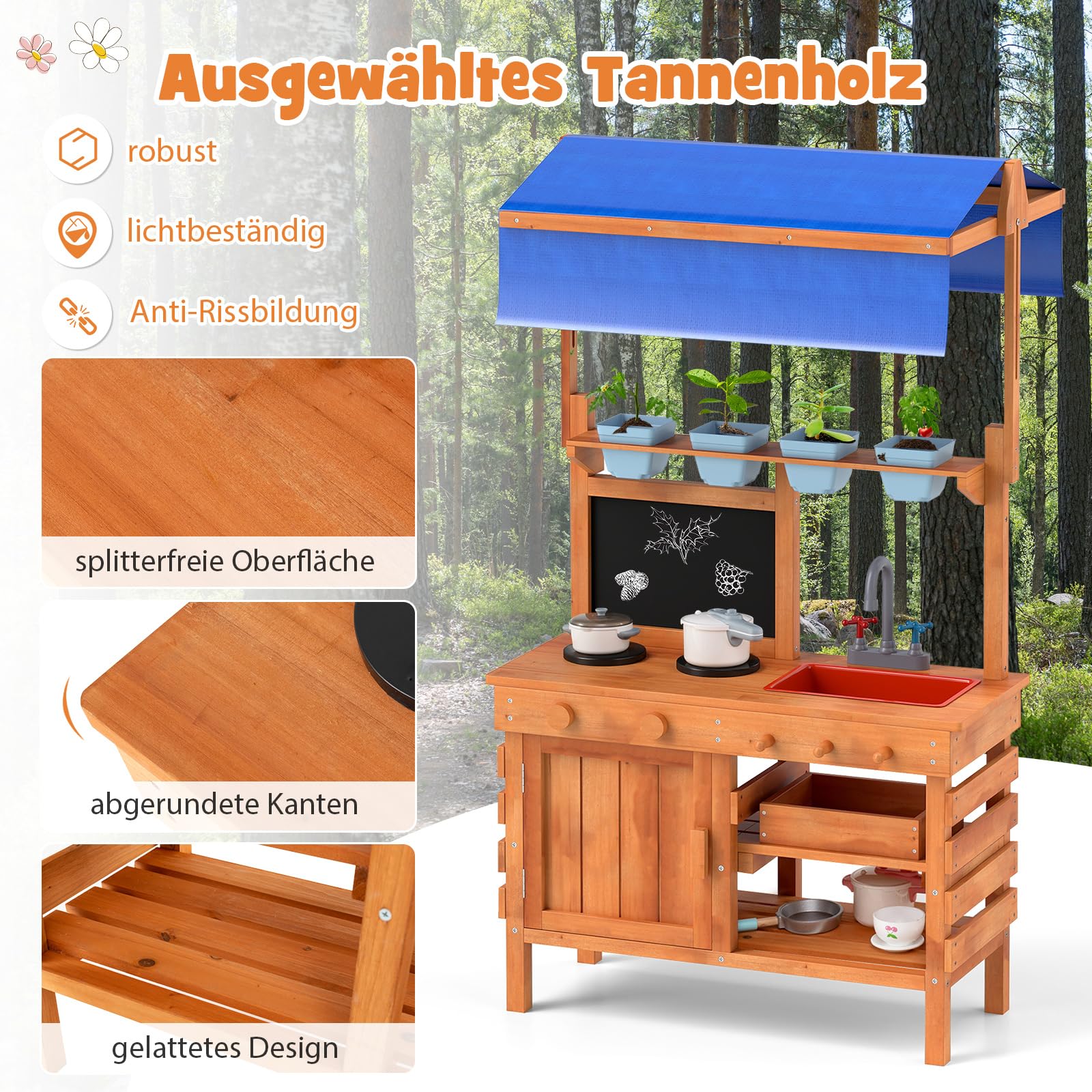 COSTWAY Matschküche Kinder Outdoor, Kinderküche Holz mit Sonnendach & Tafel & Pflanzbechern & Schaufeln, Spielküche mit Herd Spüle Schublade, Gartenküche Outdoor Küche für Kinder ab 3 Jahren