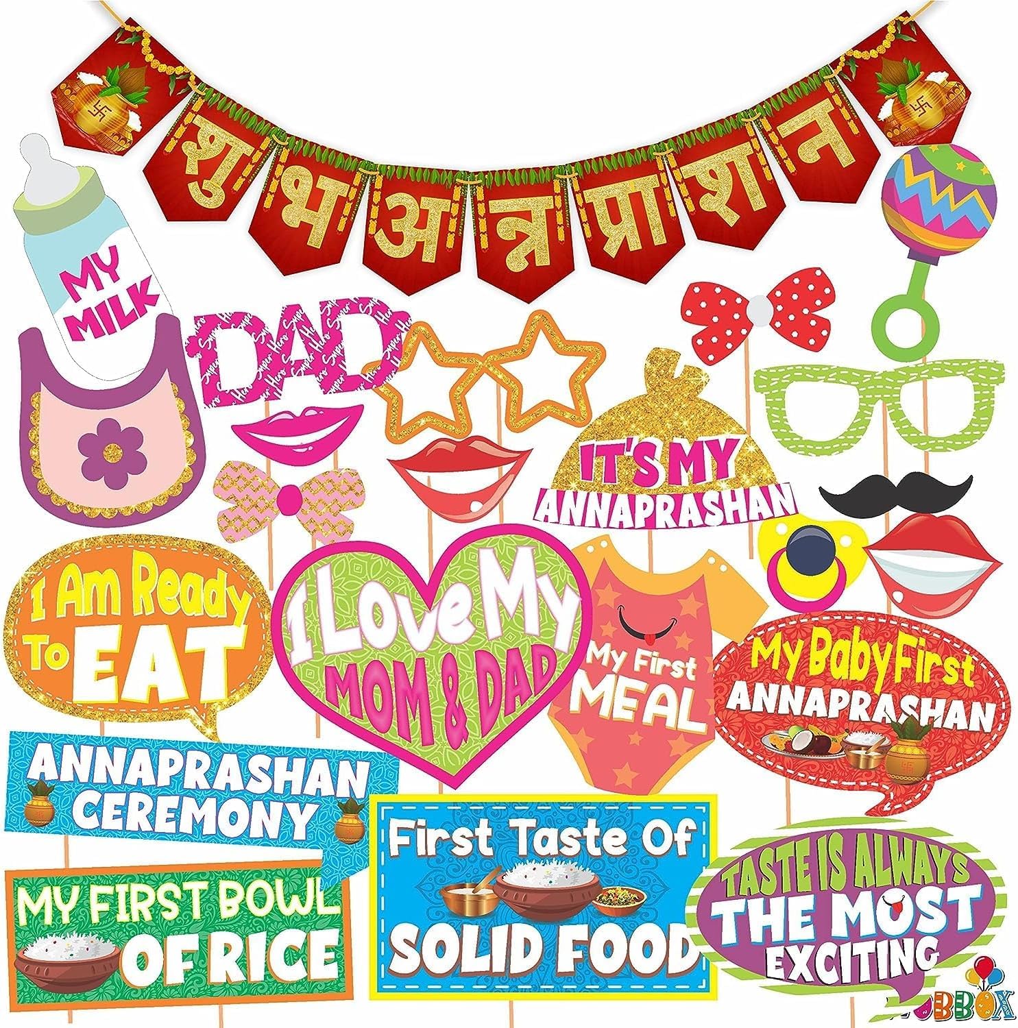 EXPORT STORE Photo Booth Party Props with Bunting Banner Hindi Font Shubh Annaprashan Red & Golden Gliter Color Font