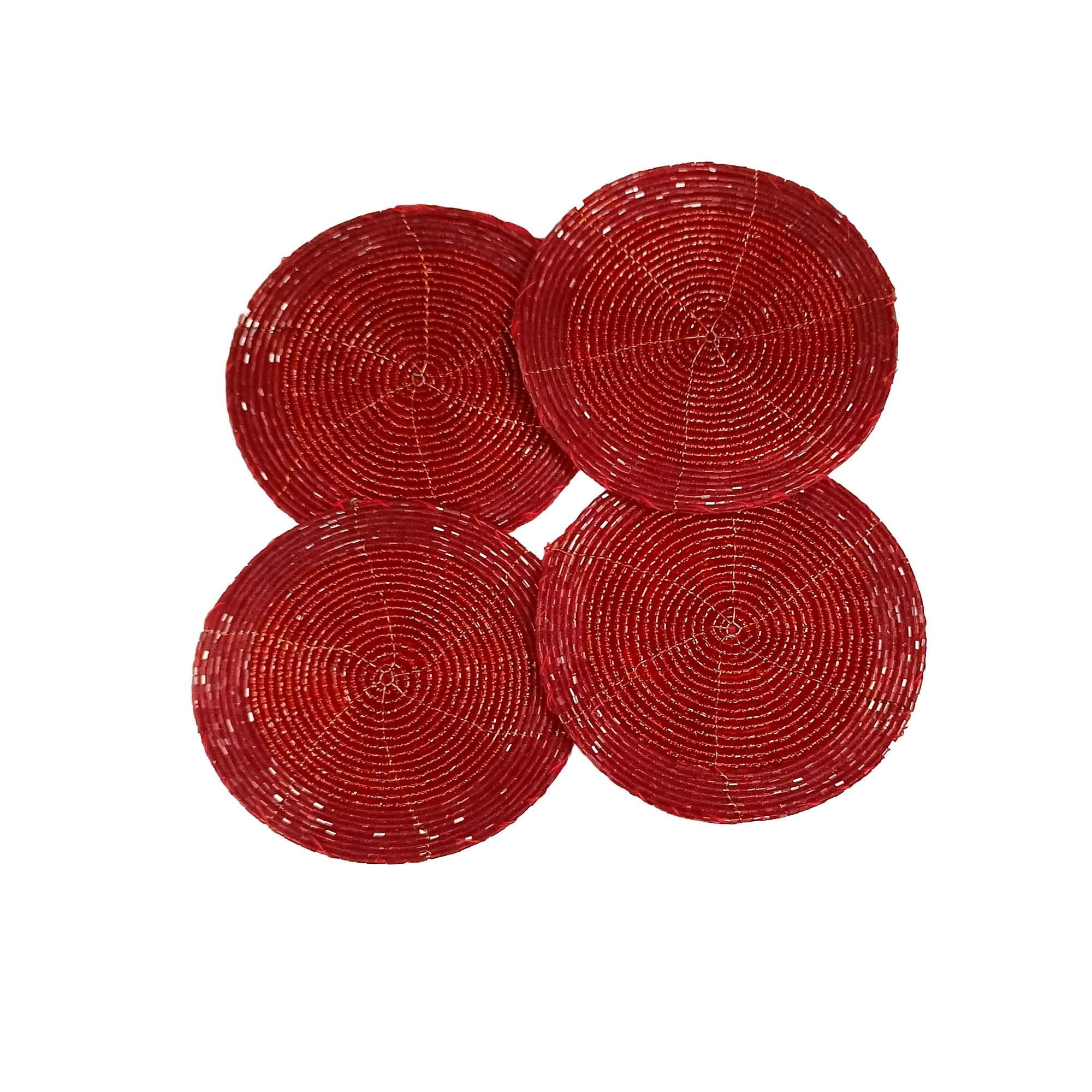 Sharvgun Handmade Round Shape Red Beaded Tea Coaster Diy 4 Inch Coffe Cup Placemet for Table Decoration Glass Beads Set of 8