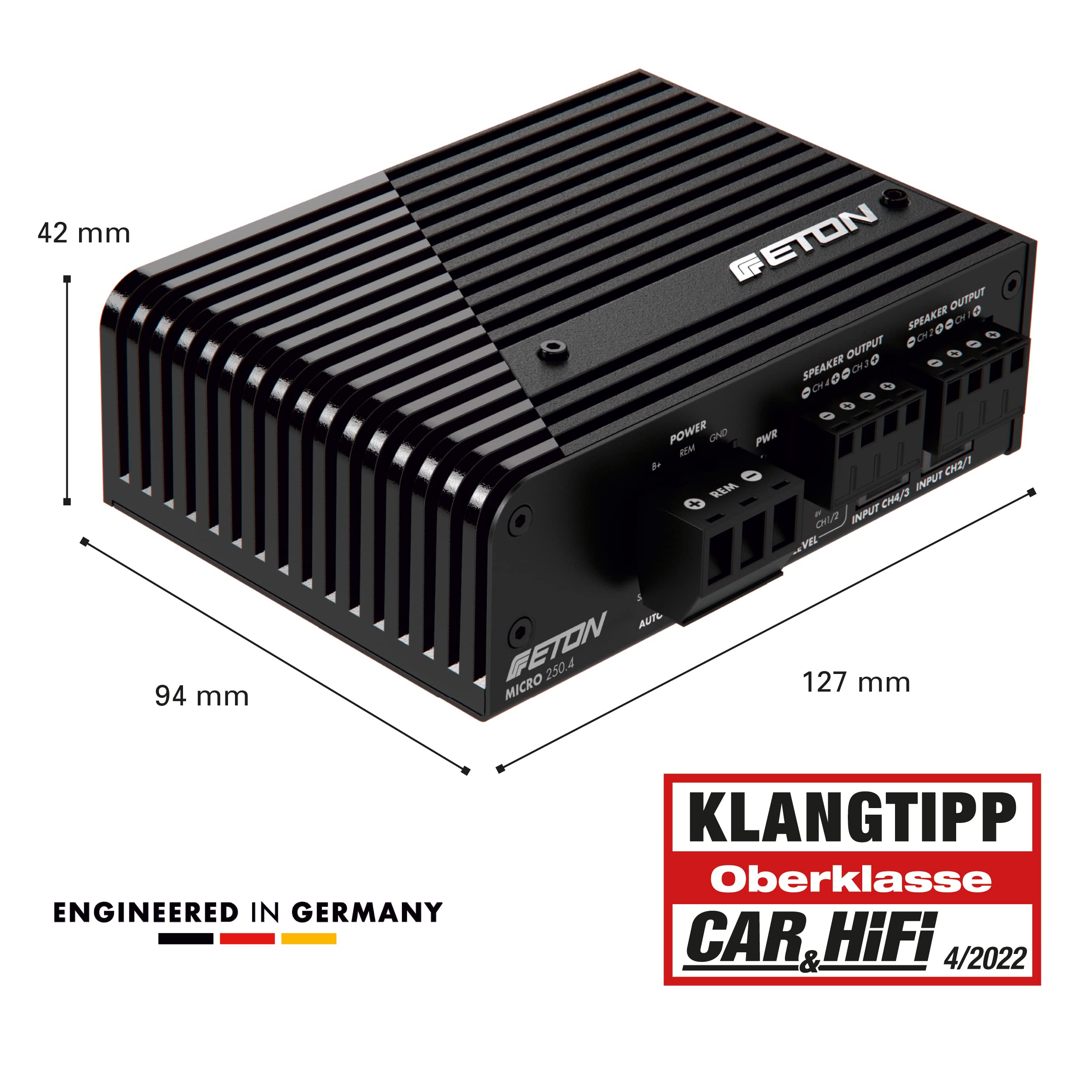 ETON Micro 250.4 – sehr kompakte 4-Kanal Endstufe, Class-D Digital Verstärker, perfekt für PKWs und Reisemobile