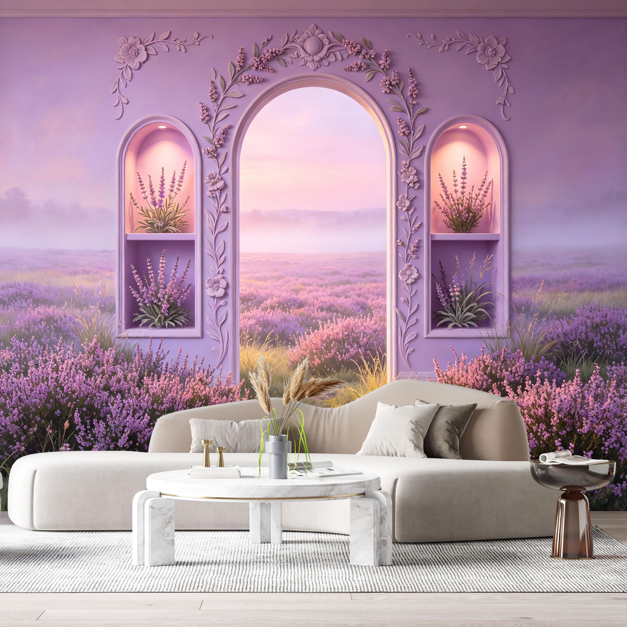 Custom Size Wall Murals Lavender Field Neoclassical Archway Floral Motifs Oil Painting 3D Trompe L'Oeil SelfAdhesiveWall Fabric Removable Wallpaper Wall Decor for Living Room Bedroom