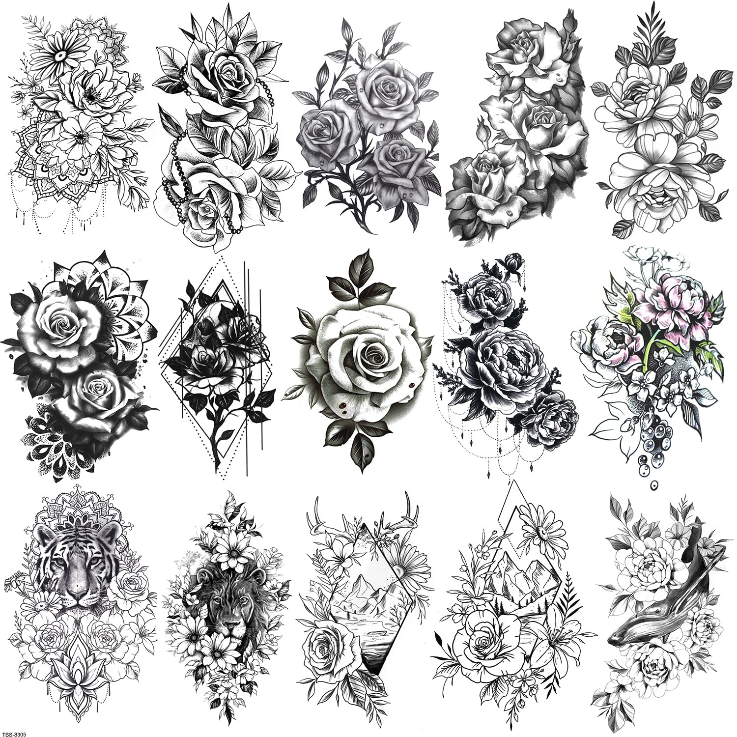 Amazon.com : 15 Sheets Large Temporary Tattoos Stickers for Women Black  Fake Sketch Rose Boho Waterproof Bohemian Sleeve Leg Body Art : Beauty &  Personal Care