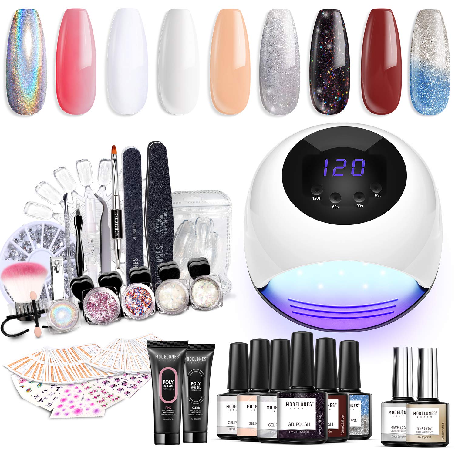 Modelones Gel Nail Polish Starter Kit with UV Light, 84W UV/LED Nail Lamp,Soak off Poly Nail Gel,Glitter Powder Manicure Tools,6 Color NGel Polish 10ml