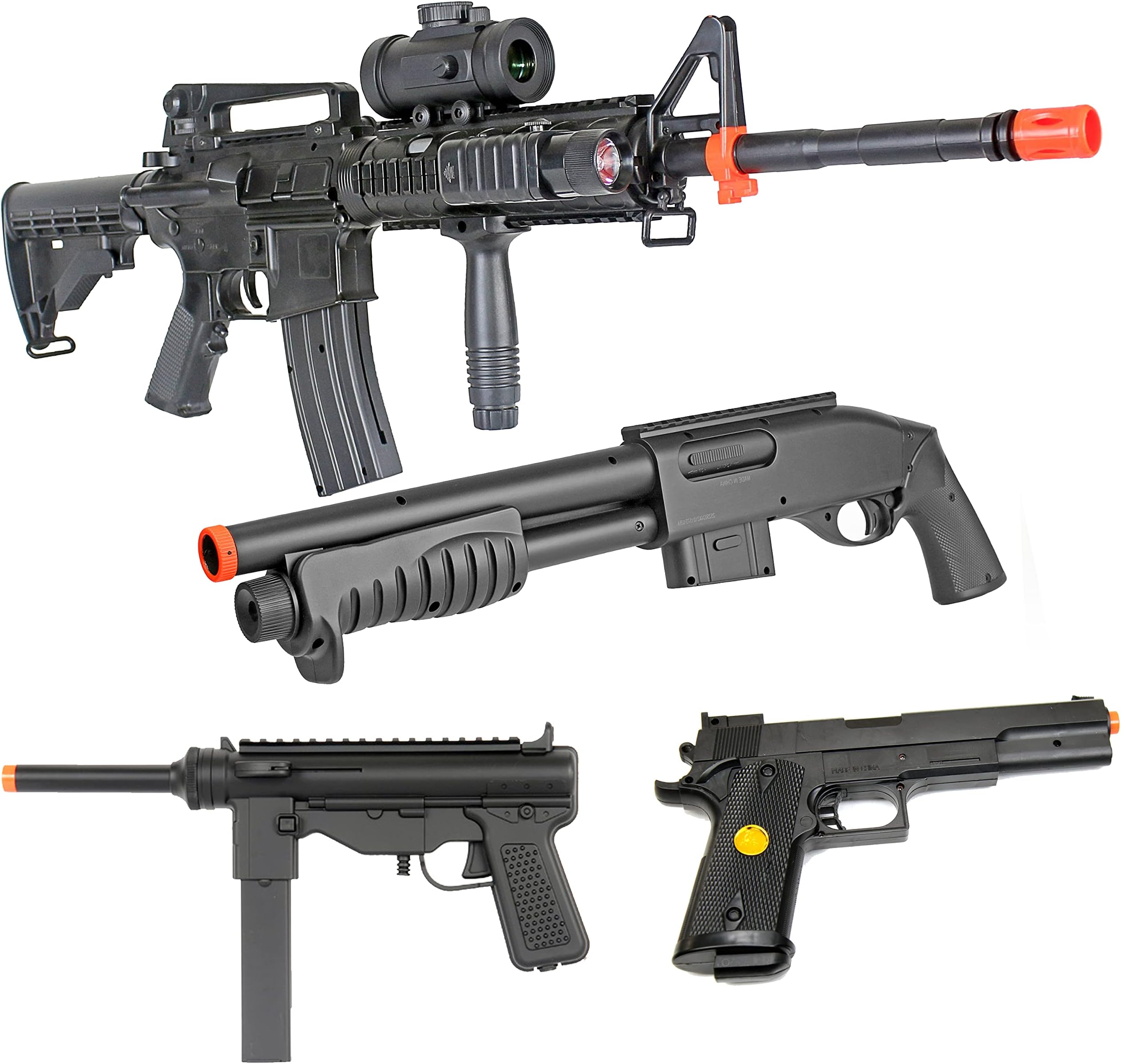BBTac Airsoft Gun Package - Fast Response Team Collection of 4 Airsoft Guns - Full Auto AEG Electric Rifle, Shotgun, SMG and Pistol, 4000 BB Pellets, Great for Starter Pack Game Play