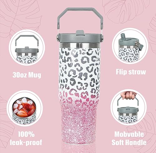 Miniatura 4 de Rcvlauf Vaso con estampado de leopardo de 30 onzas con asa, popote abatible, taza de café con estampado de leopardo rosa, con asa, a prueba de
