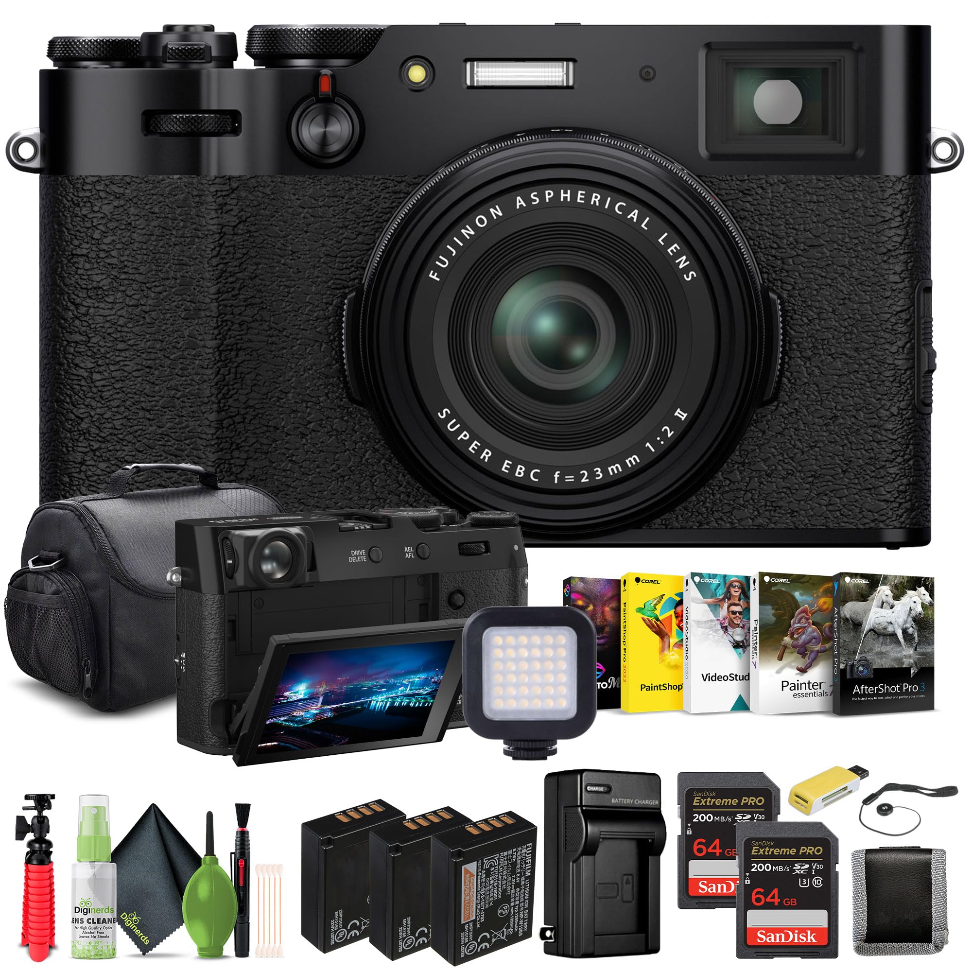 FUJIFILM X100VI Digital Camera (Black) (16821913) + 2 x 64GB Card + Card Reader + 2 x NP-W126 Battery + Charger + LED Light + Corel Photo Software +
