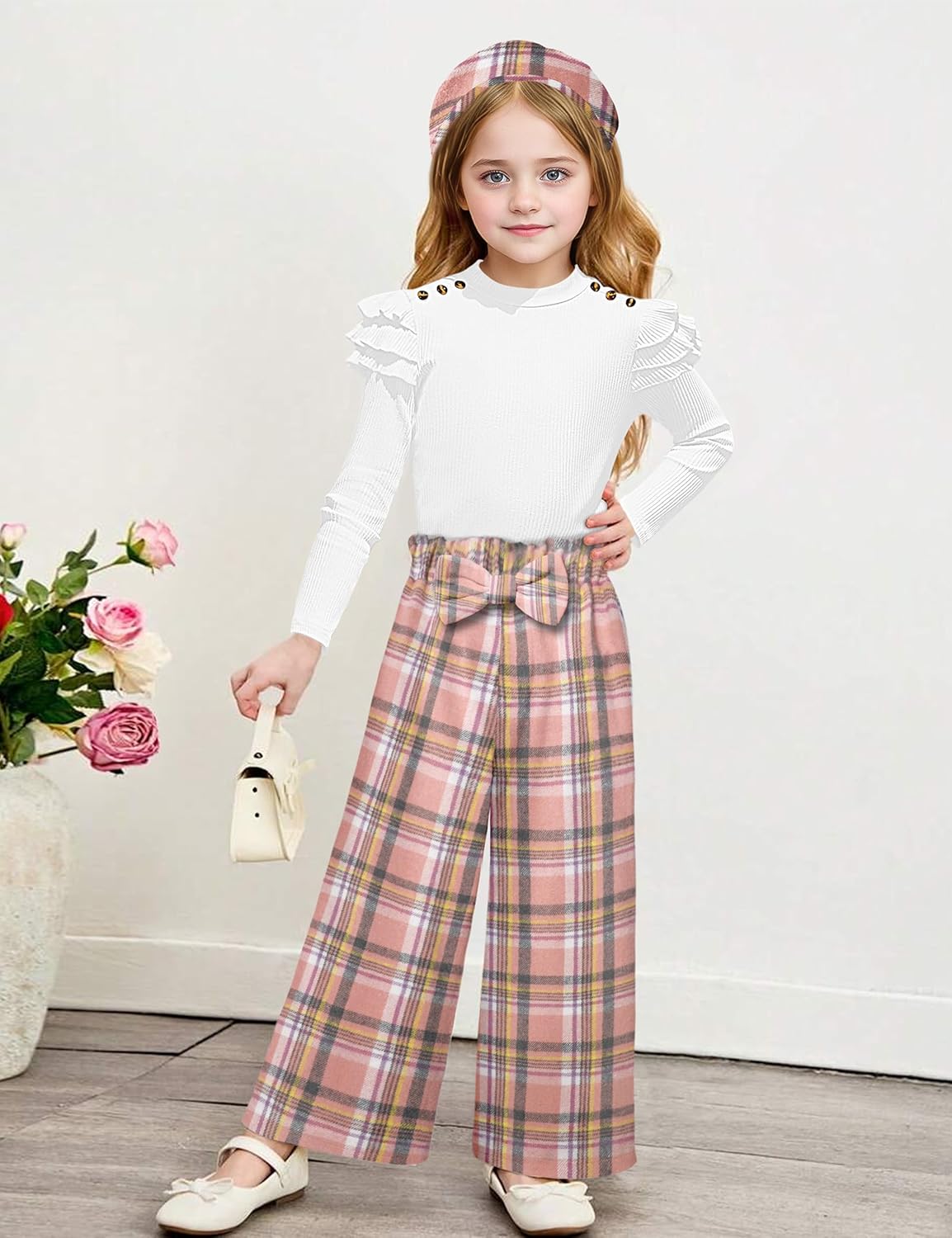 MIGU Girls Clothes Fashion Long-Sleeved Tops Plaid Trousers Loose Straight Leg Pants Plaid Hat Girls Outfits Fall 3pcs - Image 2