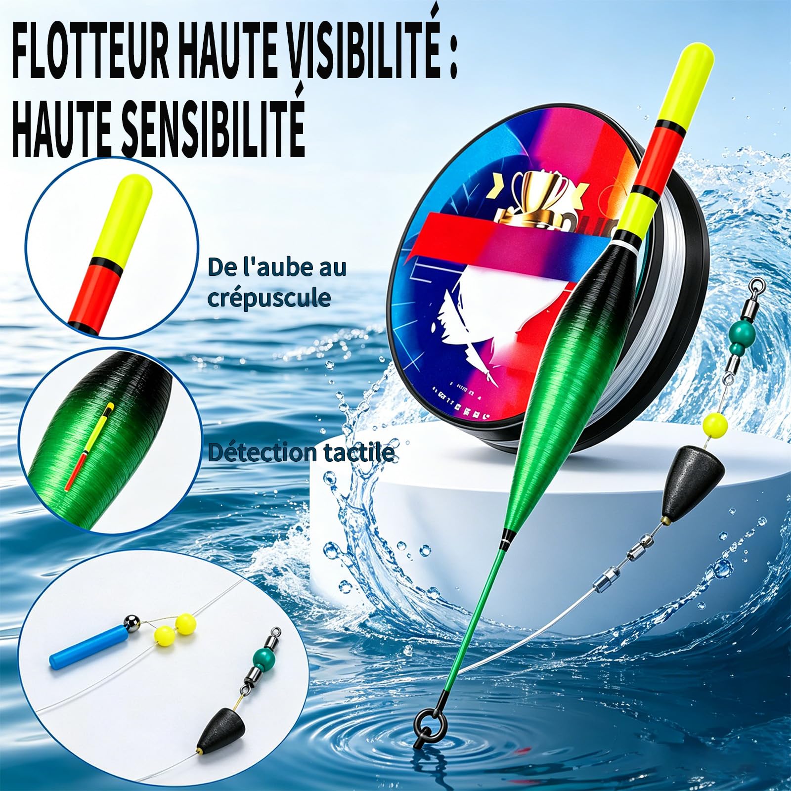 Ligne de Peche Montee, Matériel de Peche, Ligne de Pêche Automatique, 120m, avec Flotteur à Changement de Couleur, Pêche Haute Sensibilité, pour Les Experts et Les Débutants